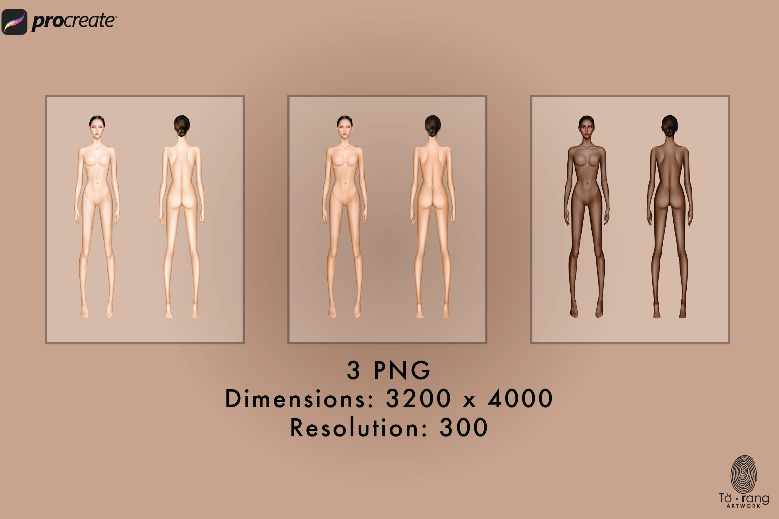 Female Fashion Croquis Templates, Front and Back, 3 Different Colored Skin Tones, 9-Head Fashion Figure, Fashion Illustration - Image 5