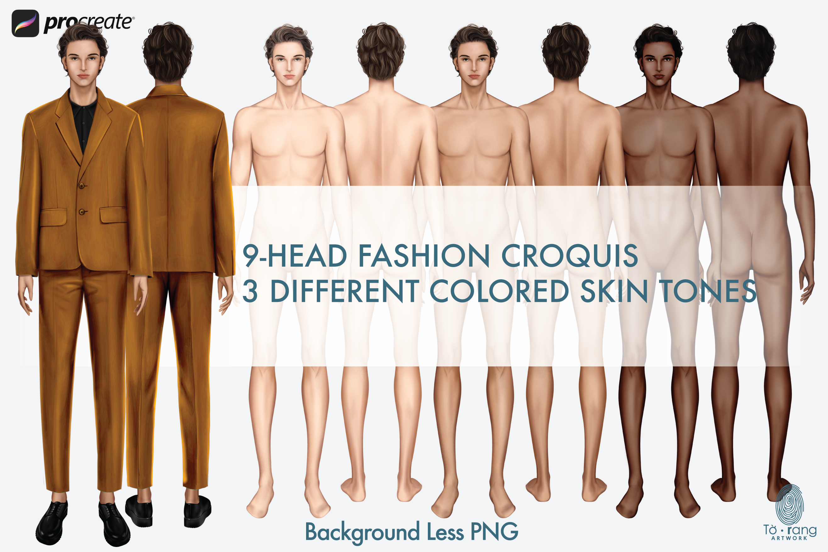 Male Fashion Croquis Templates, Front and Back, 3 Different Colored Skin Tones, 9-Head Fashion Figure, Fashion Illustration