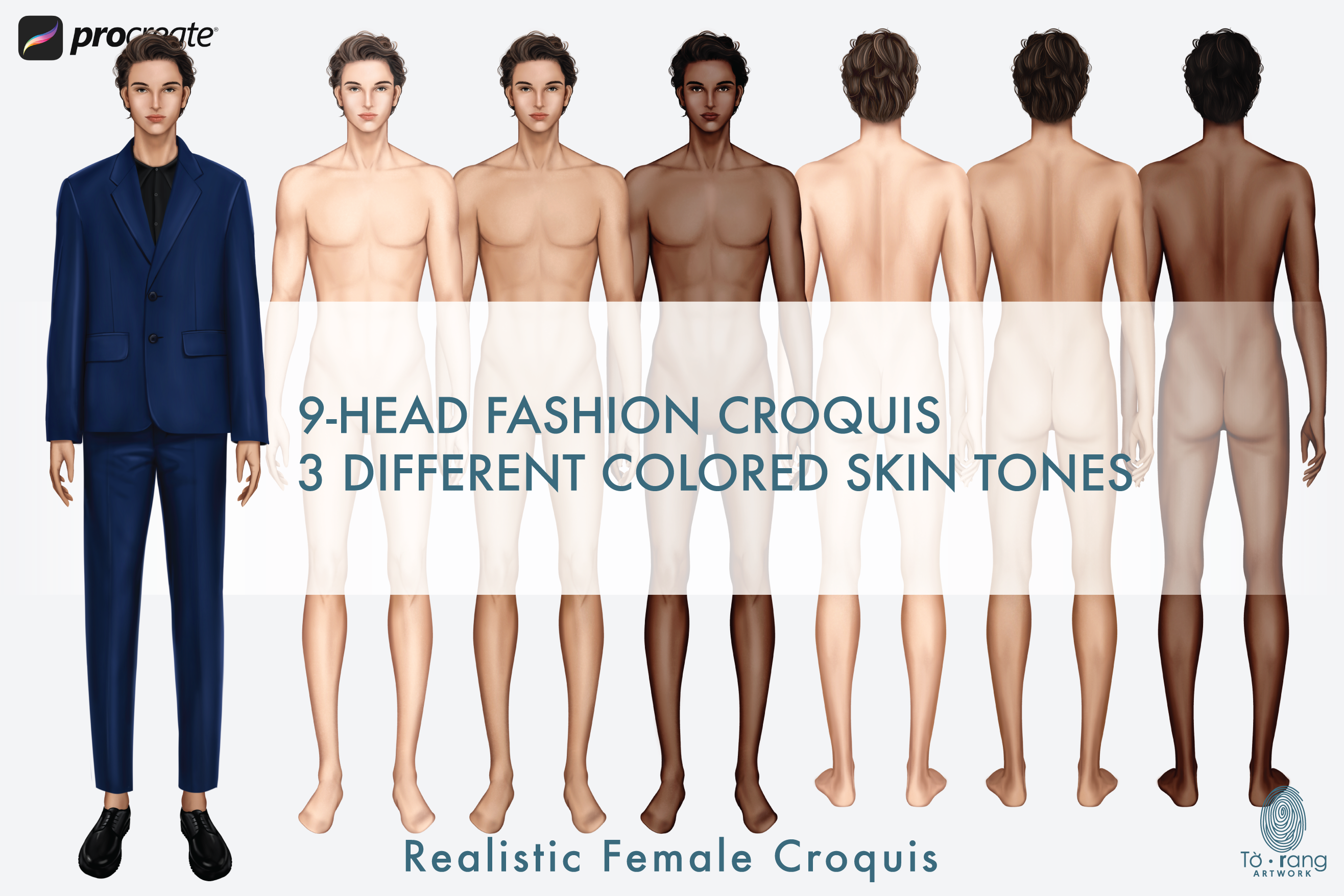 Male Fashion Croquis Templates, Front and Back, 3 Different Colored Skin Tones, 9-Head Fashion Figure, Fashion Illustration - Image 2