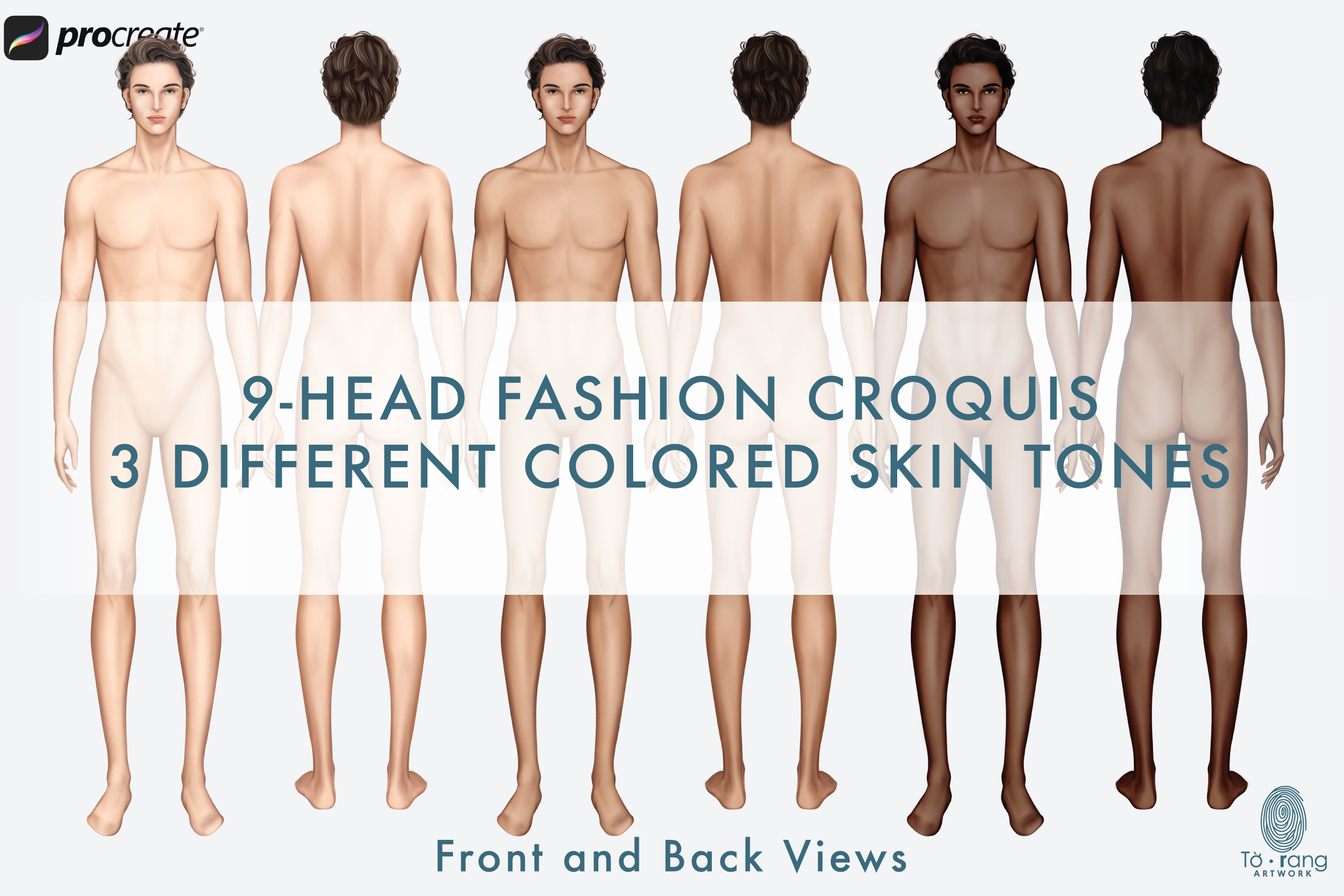 Male Fashion Croquis Templates, Front and Back, 3 Different Colored Skin Tones, 9-Head Fashion Figure, Fashion Illustration - Image 3