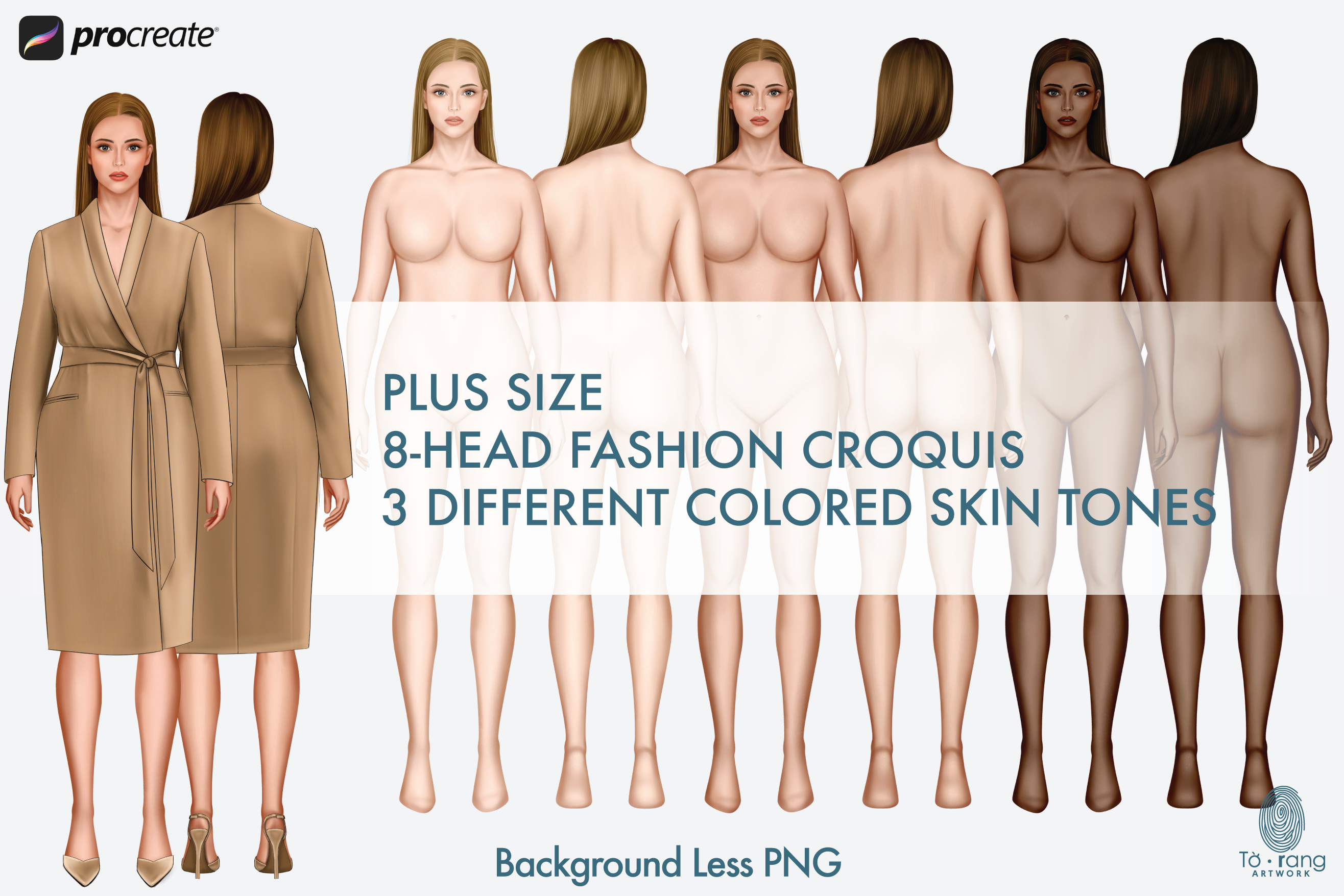 Plus Size Fashion Figure Templates, Curvy Croqui Templates, 3 Different Colored Skin Tones, 8-Head Fashion Croquis, Front and Back Views