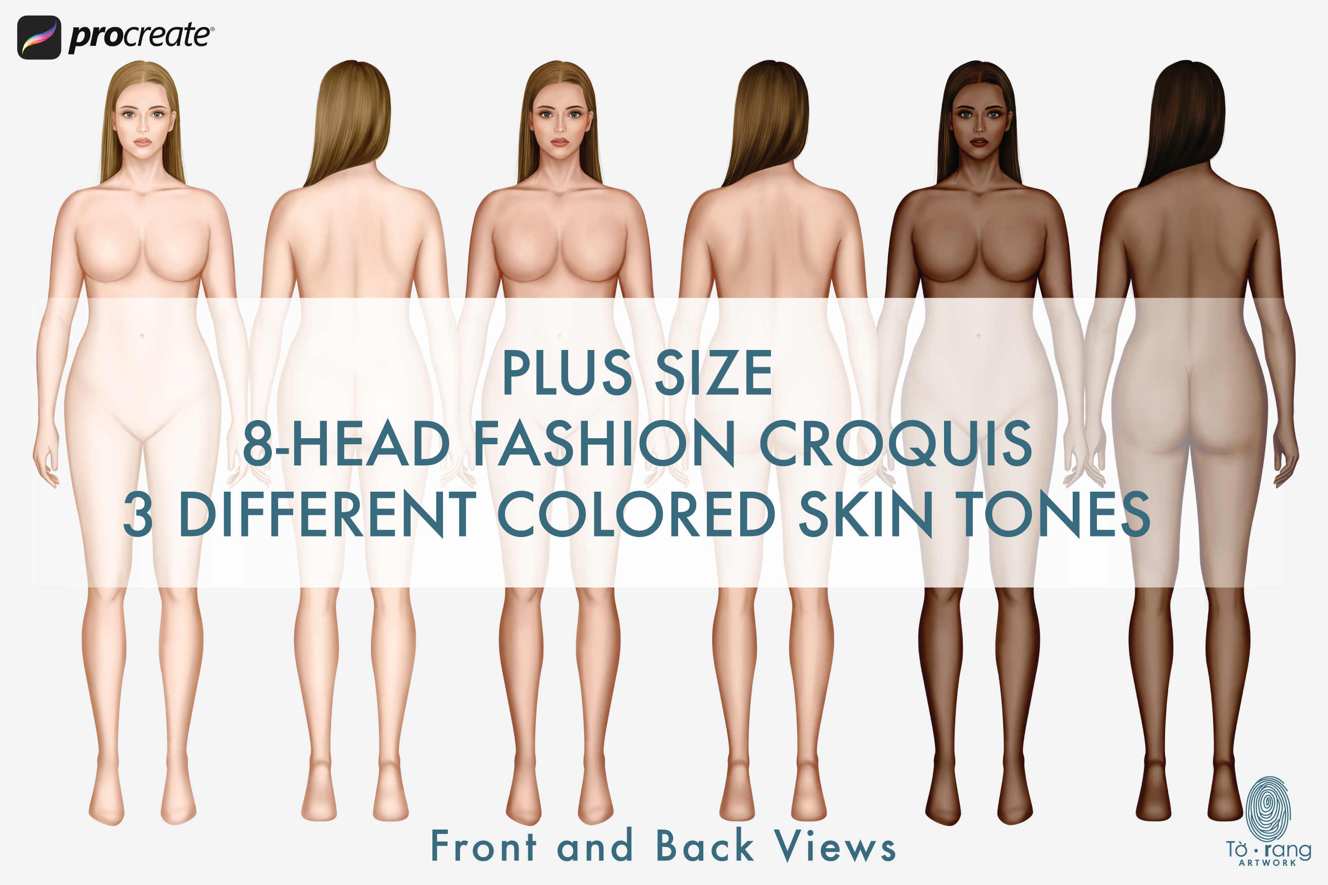 Plus Size Fashion Figure Templates, Curvy Croqui Templates, 3 Different Colored Skin Tones, 8-Head Fashion Croquis, Front and Back Views - Image 3