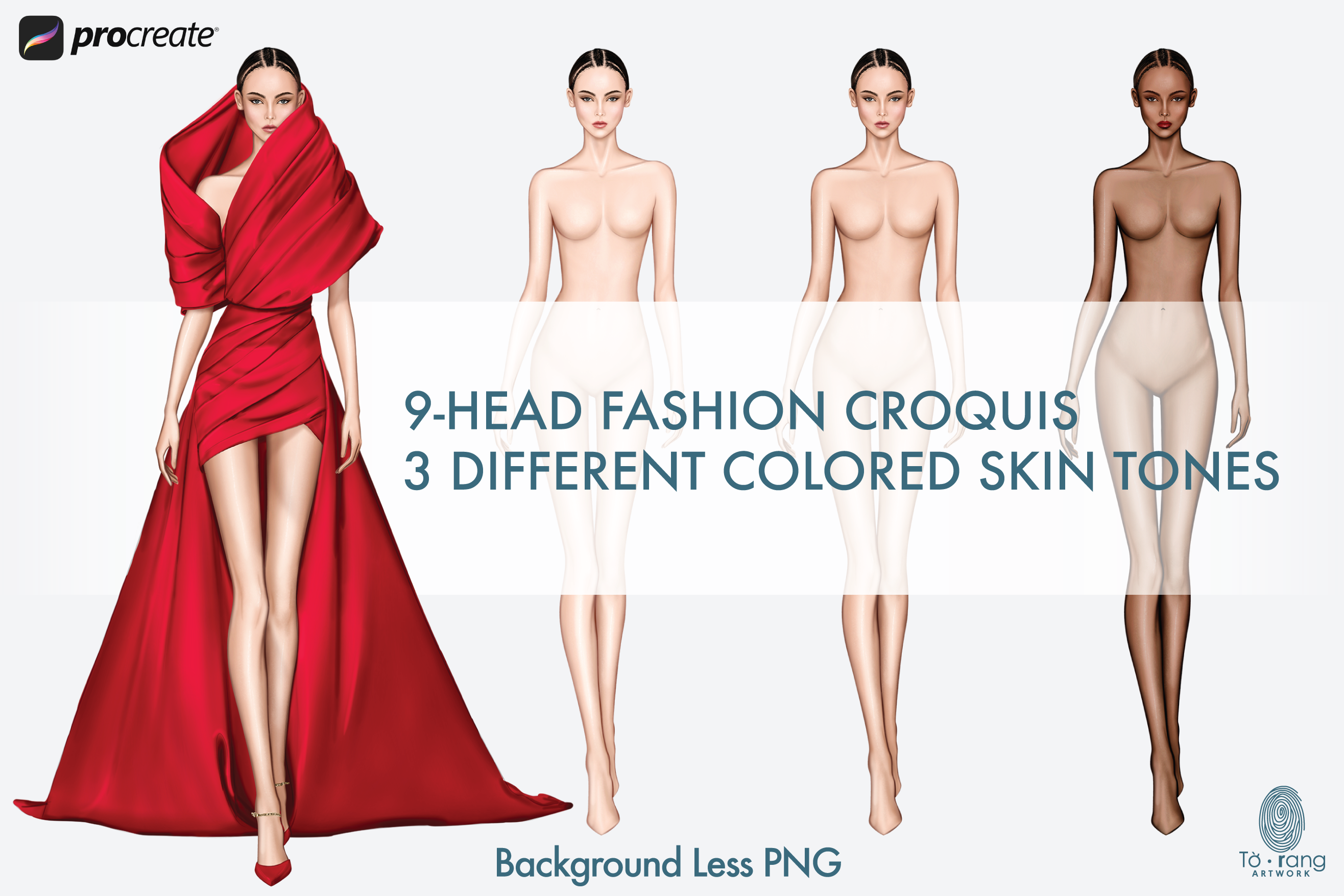 Female Fashion Croquis Templates, Runway Pose, 3 Different Colored Skin Tones, 9 Head Fashion Figure