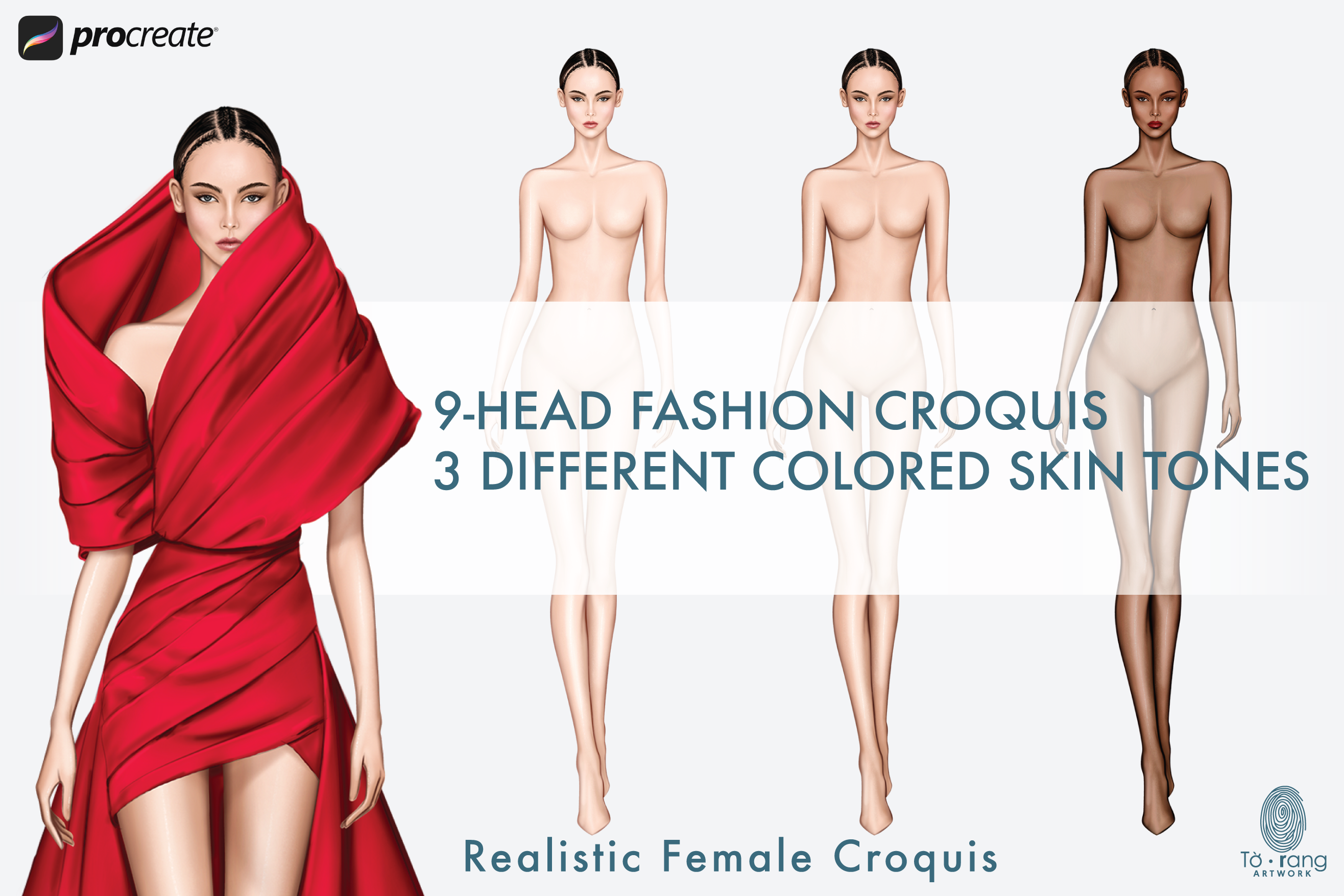 Female Fashion Croquis Templates, Runway Pose, 3 Different Colored Skin Tones, 9 Head Fashion Figure - Image 2