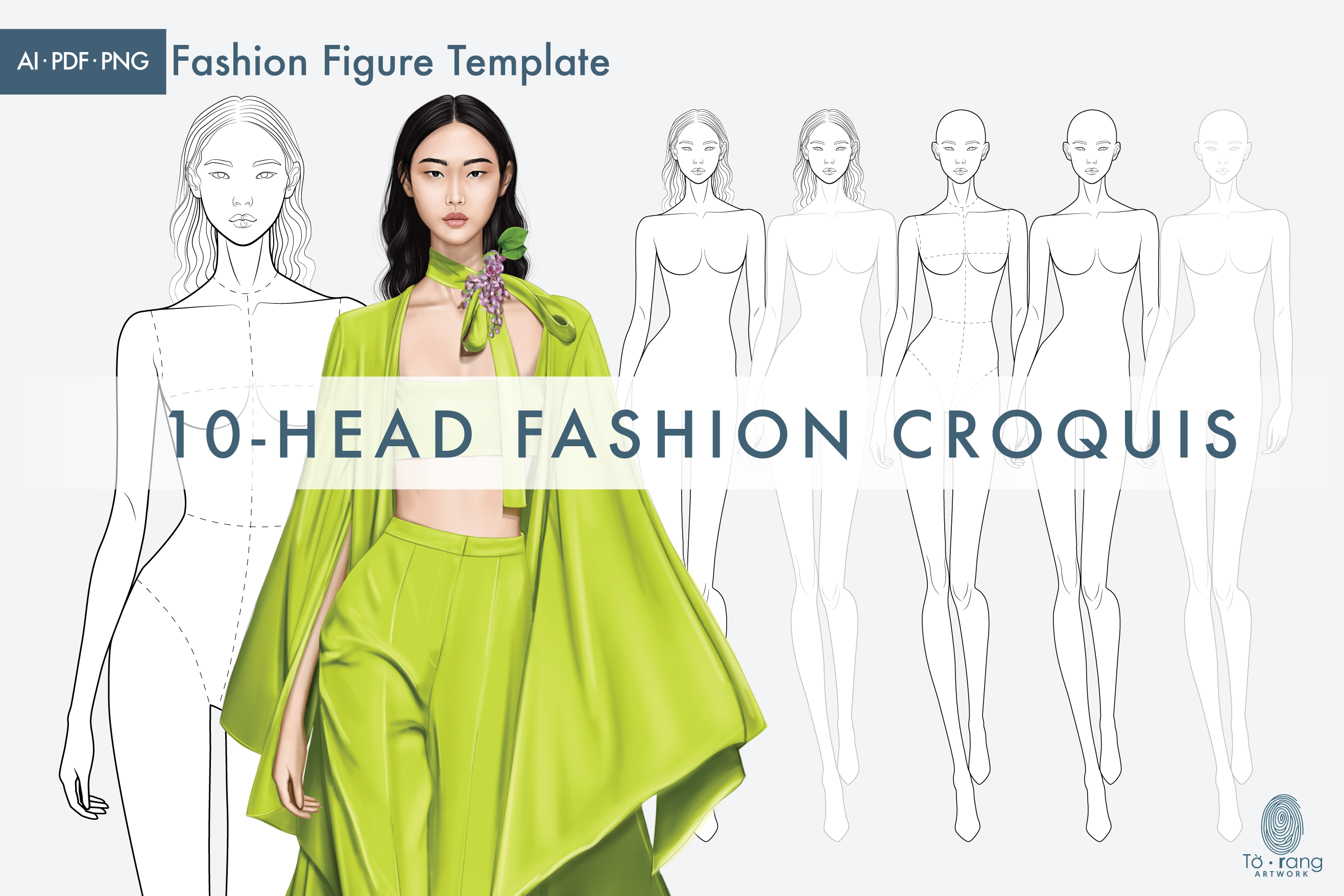 Female Fashion Croquis Templates, 10 Head Fashion Figure, Asian Model - Image 2