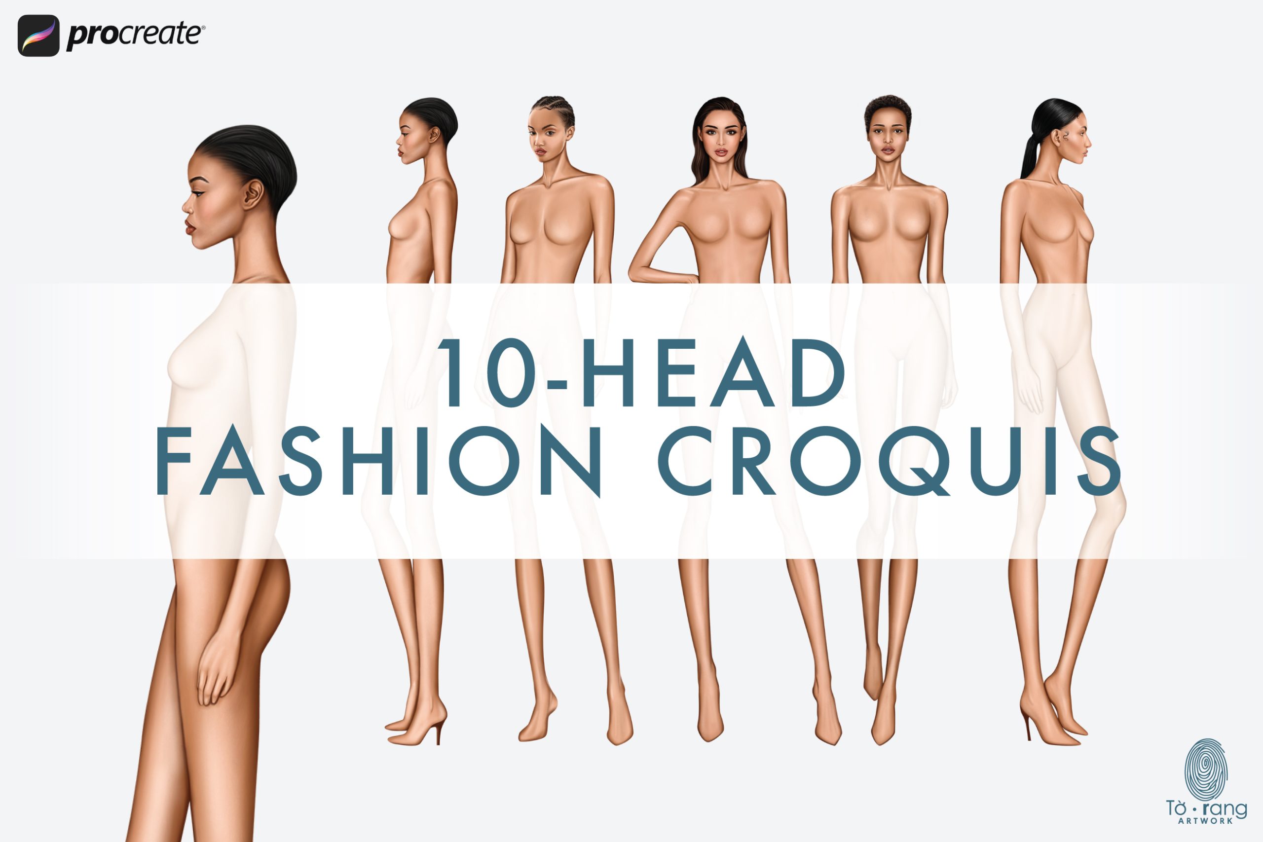 5 Female Fashion Croquis Templates - 3 Different Dark Skin Tones Color - 10 Head Fashion Figure - Image 2