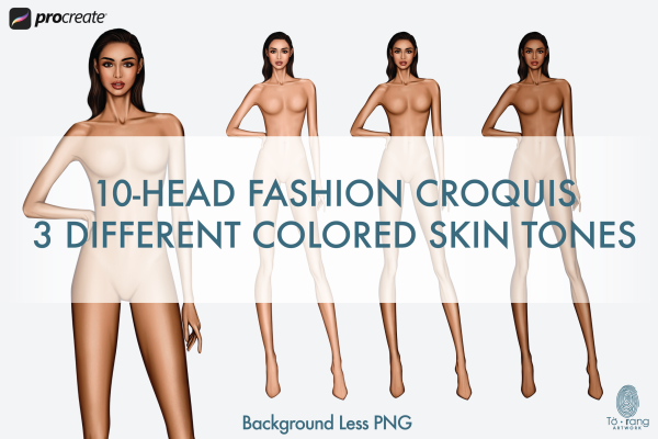 Female Fashion Croquis Templates, 10 Head Fashion Figure, 3 Different Colored Skin Tones