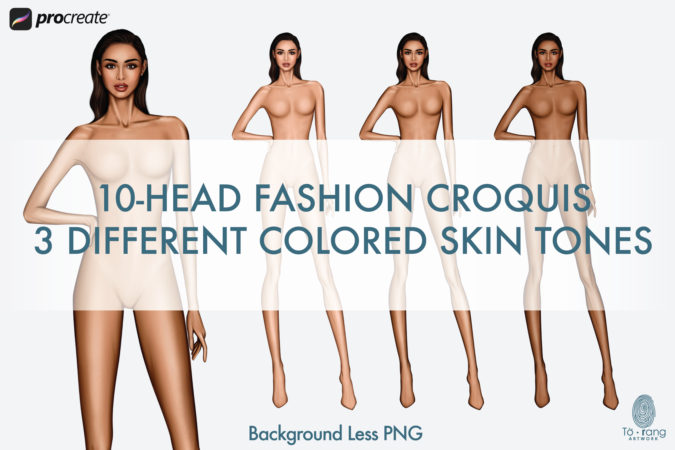 Female Fashion Croquis Templates, 10 Head Fashion Figure, 3 Different Colored Skin Tones