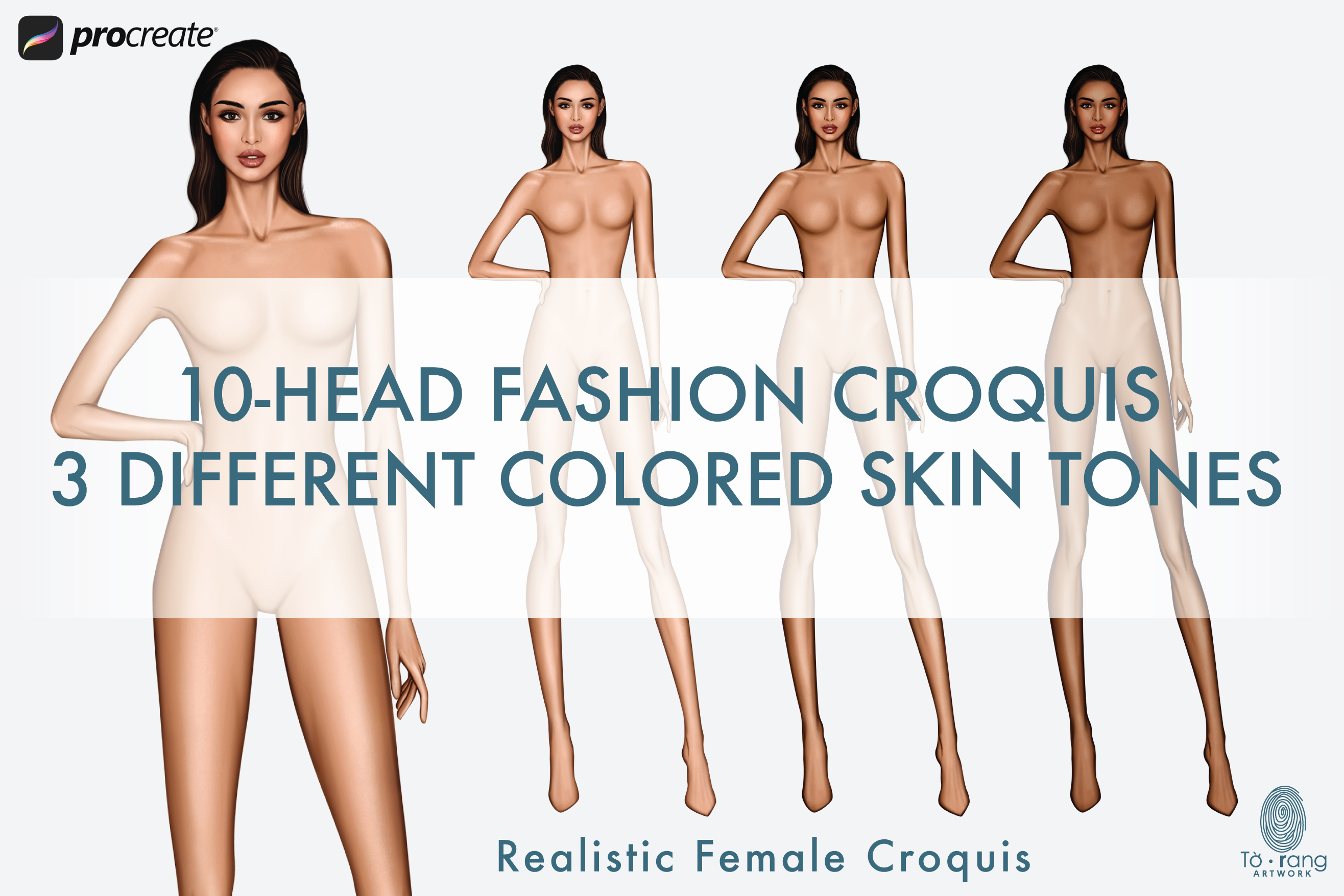 Female Fashion Croquis Templates, 10 Head Fashion Figure, 3 Different Colored Skin Tones - Image 2
