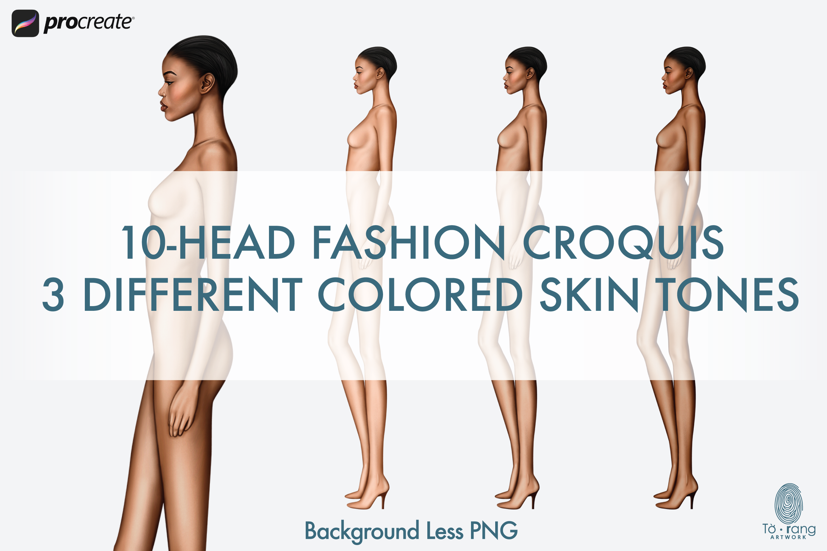 Female Fashion Croquis Templates, Side View, 10 Head Fashion Figure, 3 Different Dark Skin Tones Color