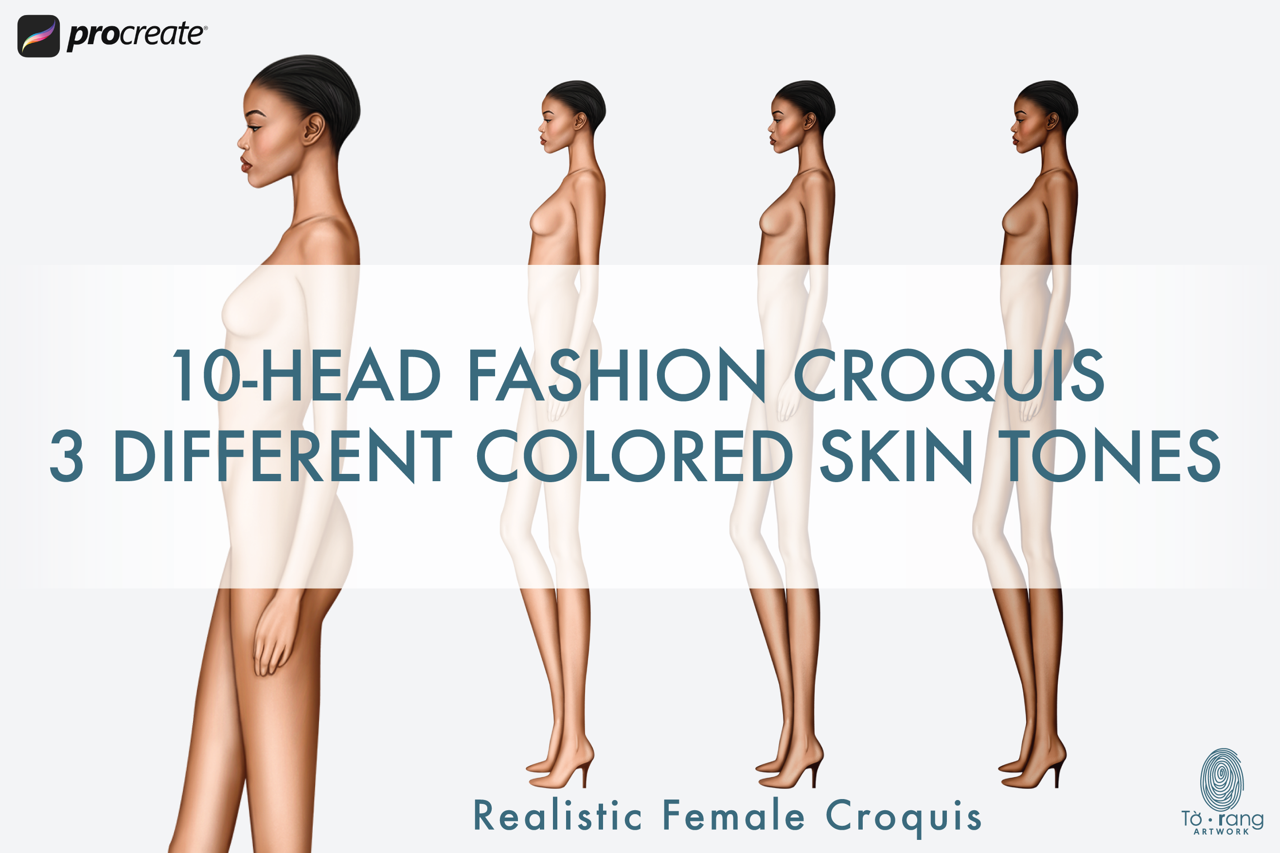 Female Fashion Croquis Templates, Side View, 10 Head Fashion Figure, 3 Different Dark Skin Tones Color - Image 2