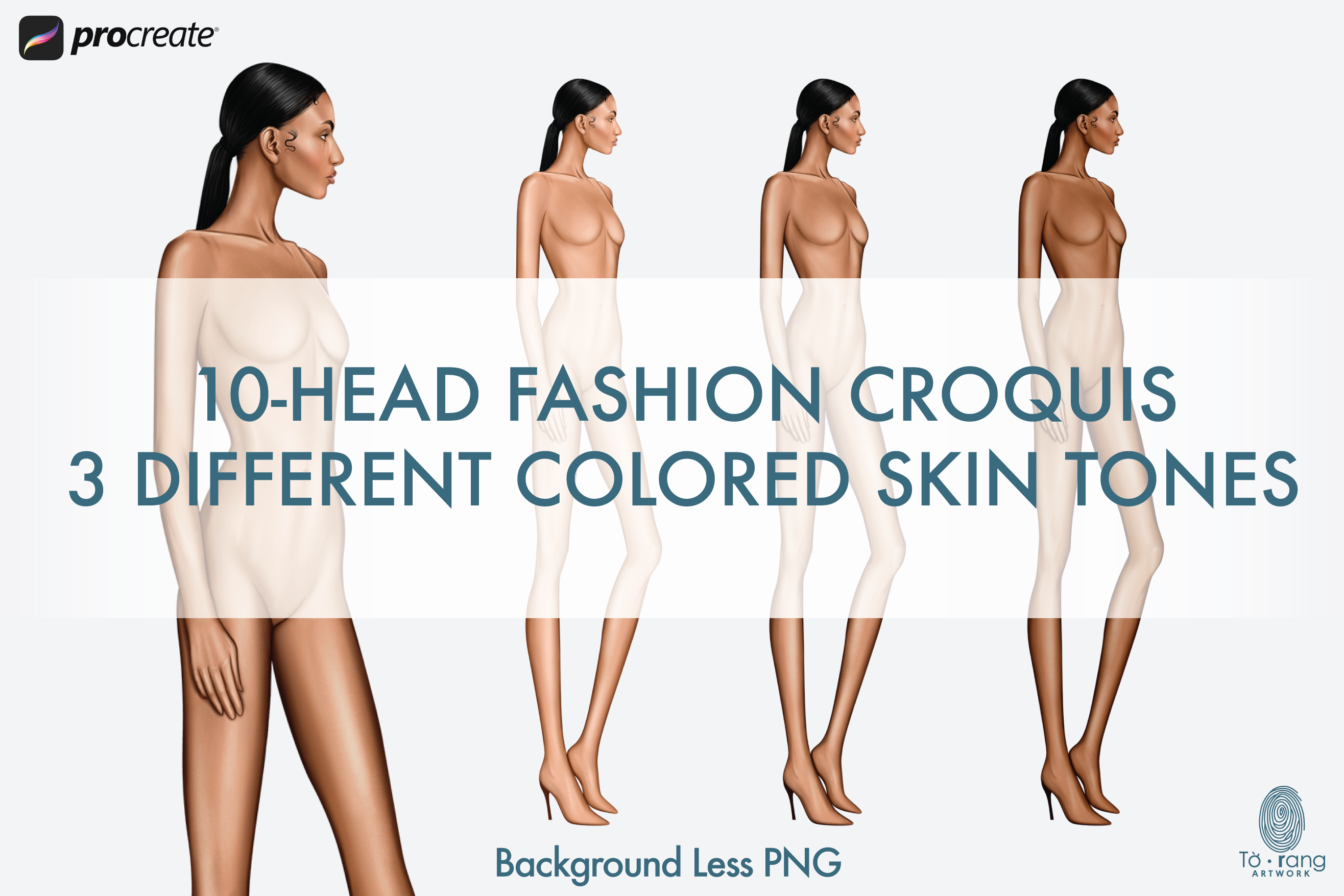 Female Fashion Croquis Templates, 10 Head Fashion Figure, 3 Different Dark Skin Tones Color
