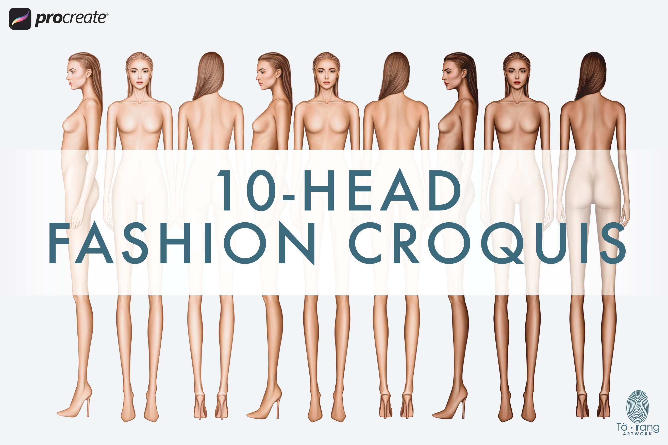 3 Female Fashion Croquis Templates - Front, Back and Side Views - 3 Different Dark Skin Tones Color - 10 Head Fashion Figure - Image 3
