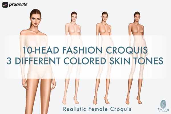 Female Fashion Figure Templates, 3/4 View Pose, 10 Head Fashion Figure, 3 Different Skin Tones Color