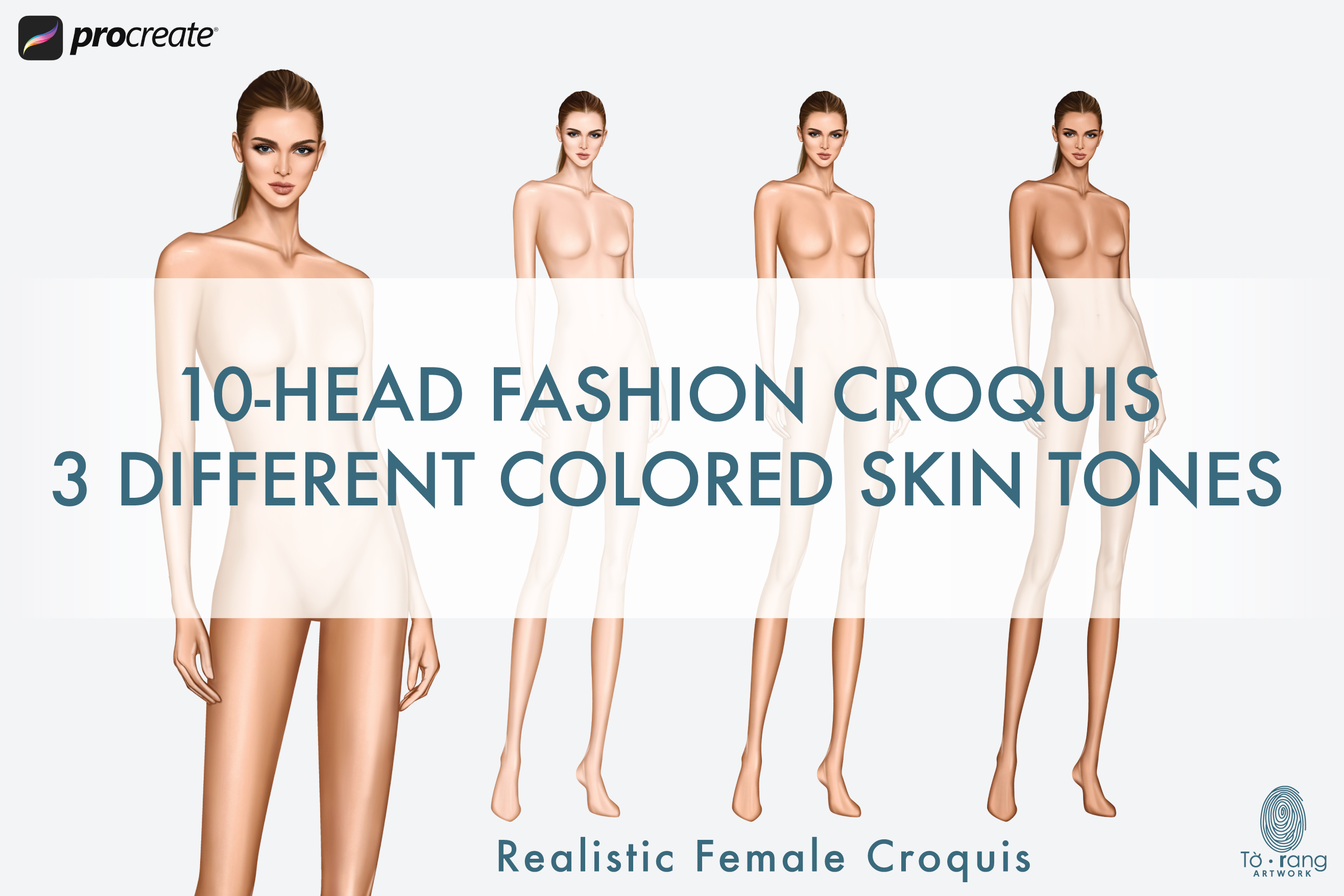 Female Fashion Figure Templates, 3/4 View Pose, 10 Head Fashion Figure, 3 Different Skin Tones Color