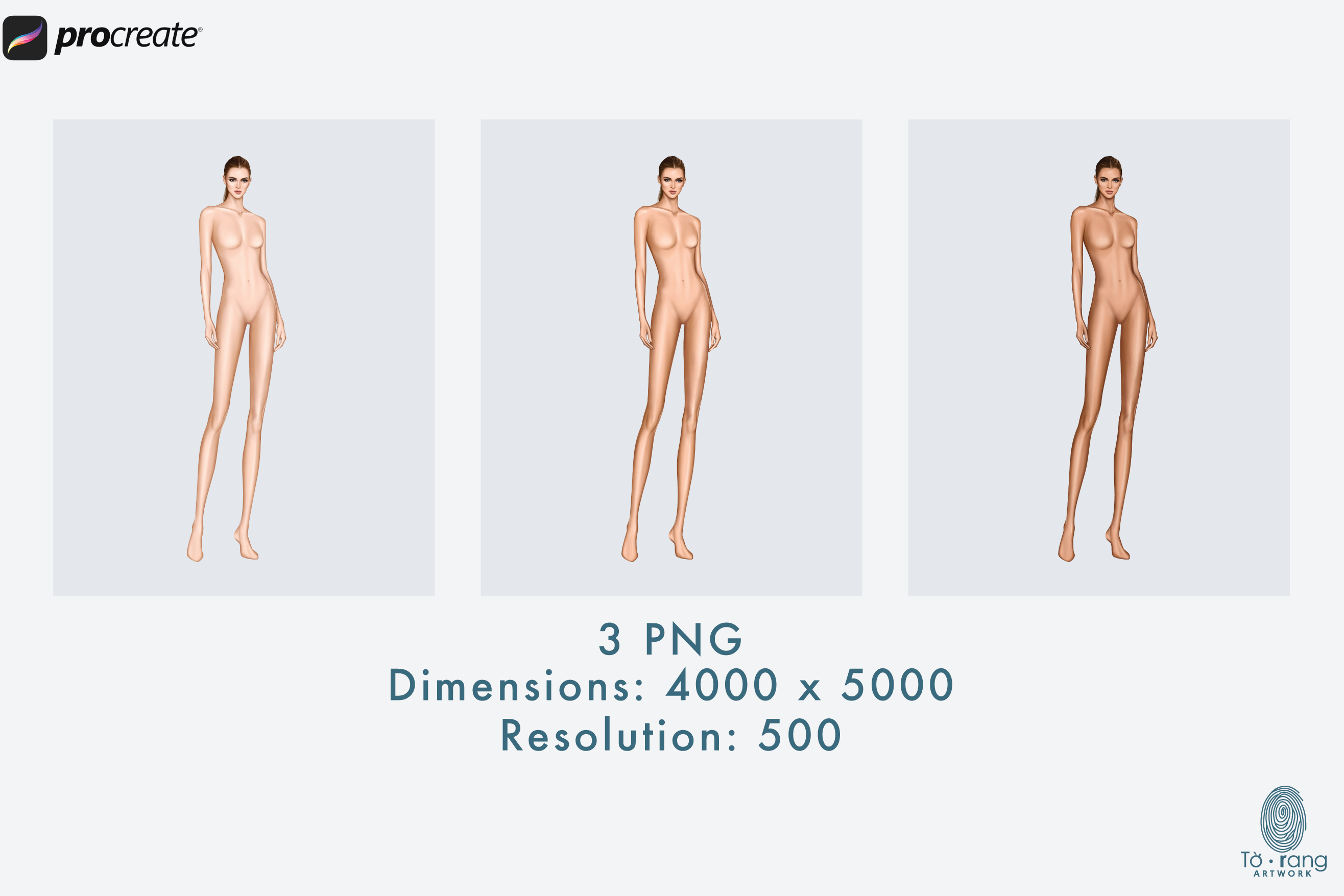 Female Fashion Figure Templates, 3/4 View Pose, 10 Head Fashion Figure, 3 Different Skin Tones Color - Image 3