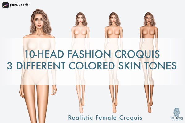 Female Fashion Croquis Templates, Curly Hair, Runway Pose, 10 Head Fashion Figure, 3 Different Colored Skin Tones