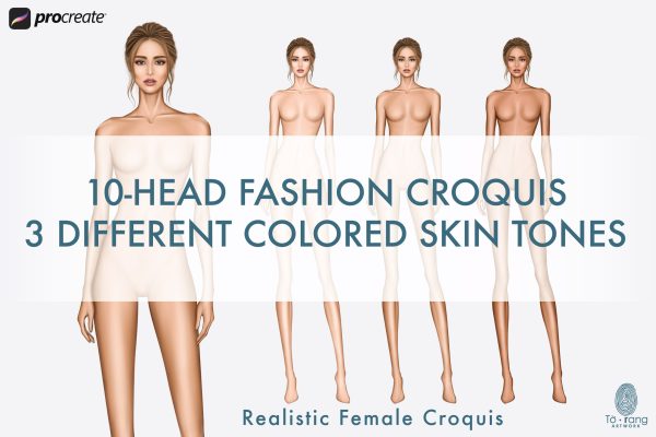 Female Fashion Croquis Templates, Standing Pose, 10 Head Fashion Figure, 3 Different Colored Skin Tones