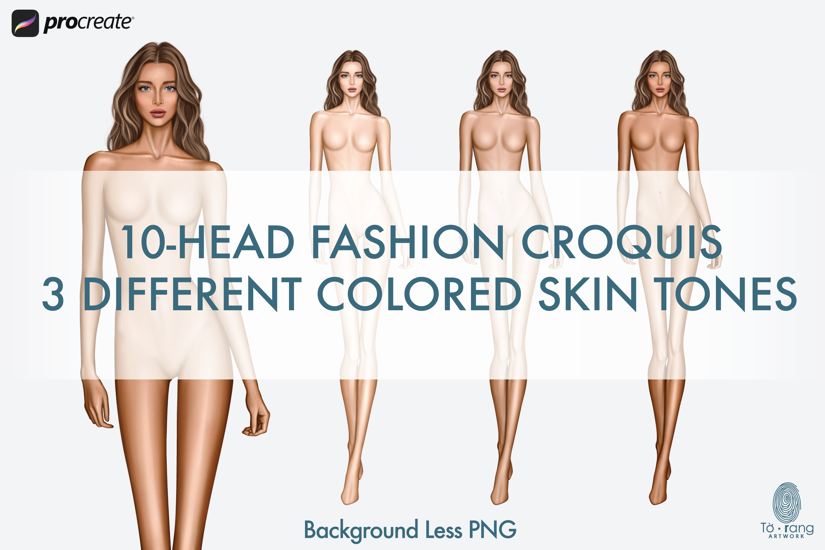 Female Fashion Croquis Templates, Curly Hair, Catwalk Pose, 10-Head Fashion Figure, 3 Different Colored Skin Tones - Image 2
