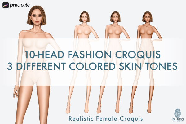 Female Fashion Figure Templates, 10 Head Fashion Croquis, 3 Different Colored Skin Tones