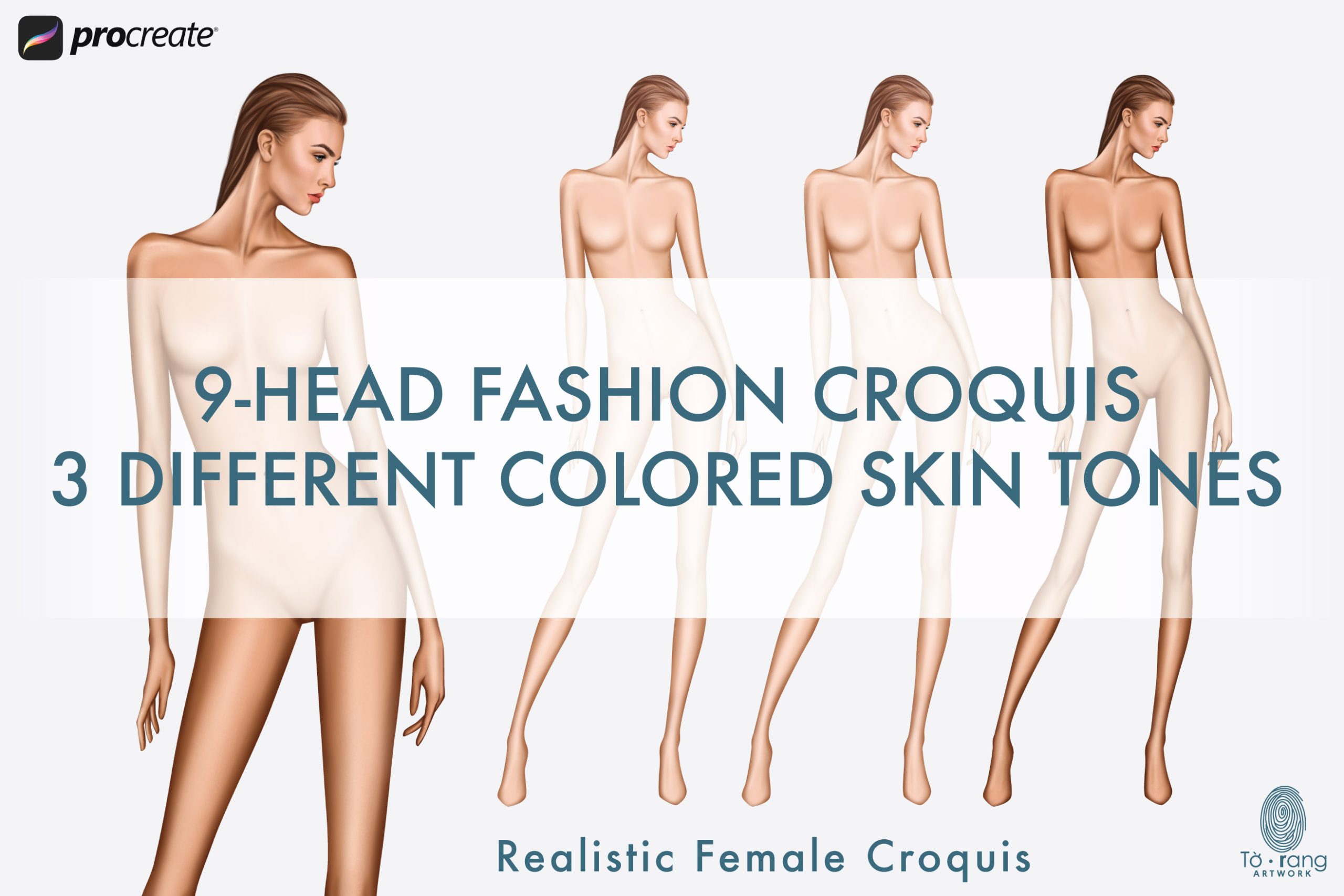 Female Fashion Croquis Templates, 9 Head Fashion Figure, 3 Different Colored Skin Tones - Image 3