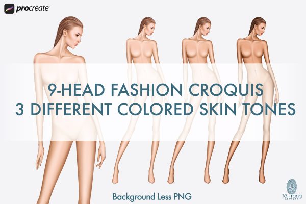 Female Fashion Croquis Templates, 9 Head Fashion Figure, 3 Different Colored Skin Tones