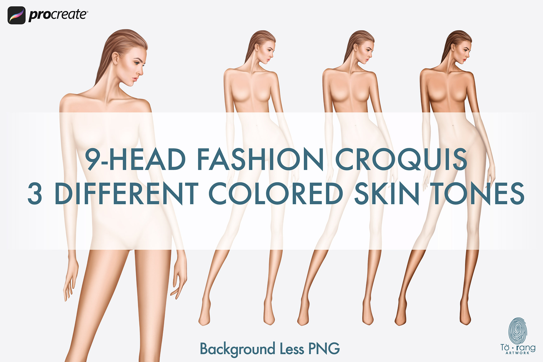 Female Fashion Croquis Templates, 9 Head Fashion Figure, 3 Different Colored Skin Tones