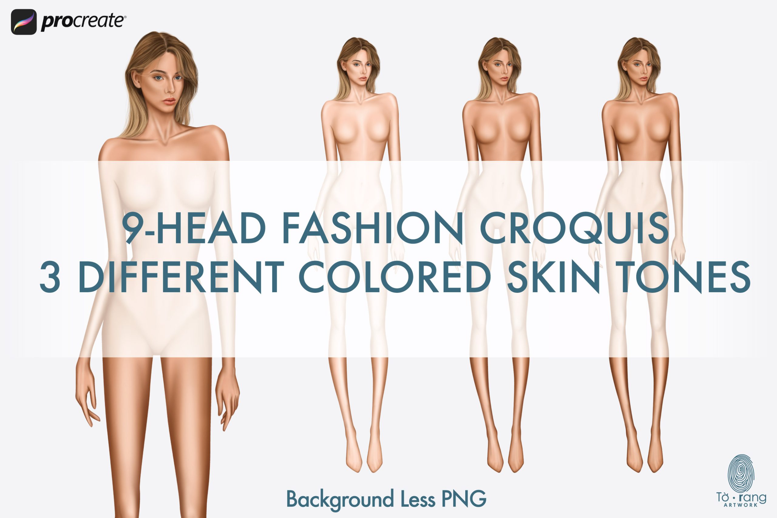 Female Fashion Croquis Templates, Standing Pose, 9 Head Fashion Figure, 3 Different Colored Skin Tones - Image 3