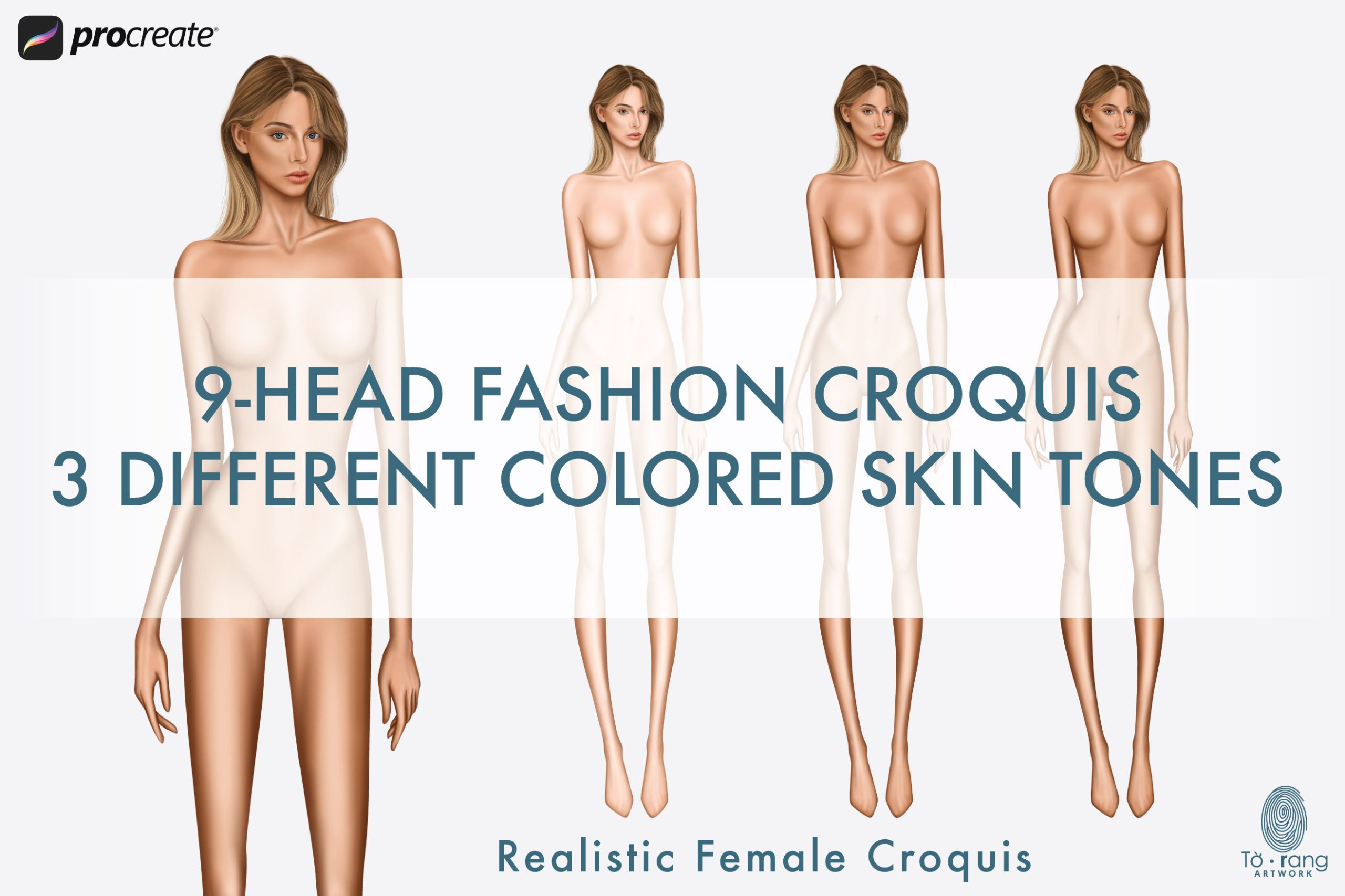 Female Fashion Croquis Templates, Standing Pose, 9 Head Fashion Figure, 3 Different Colored Skin Tones - Image 2