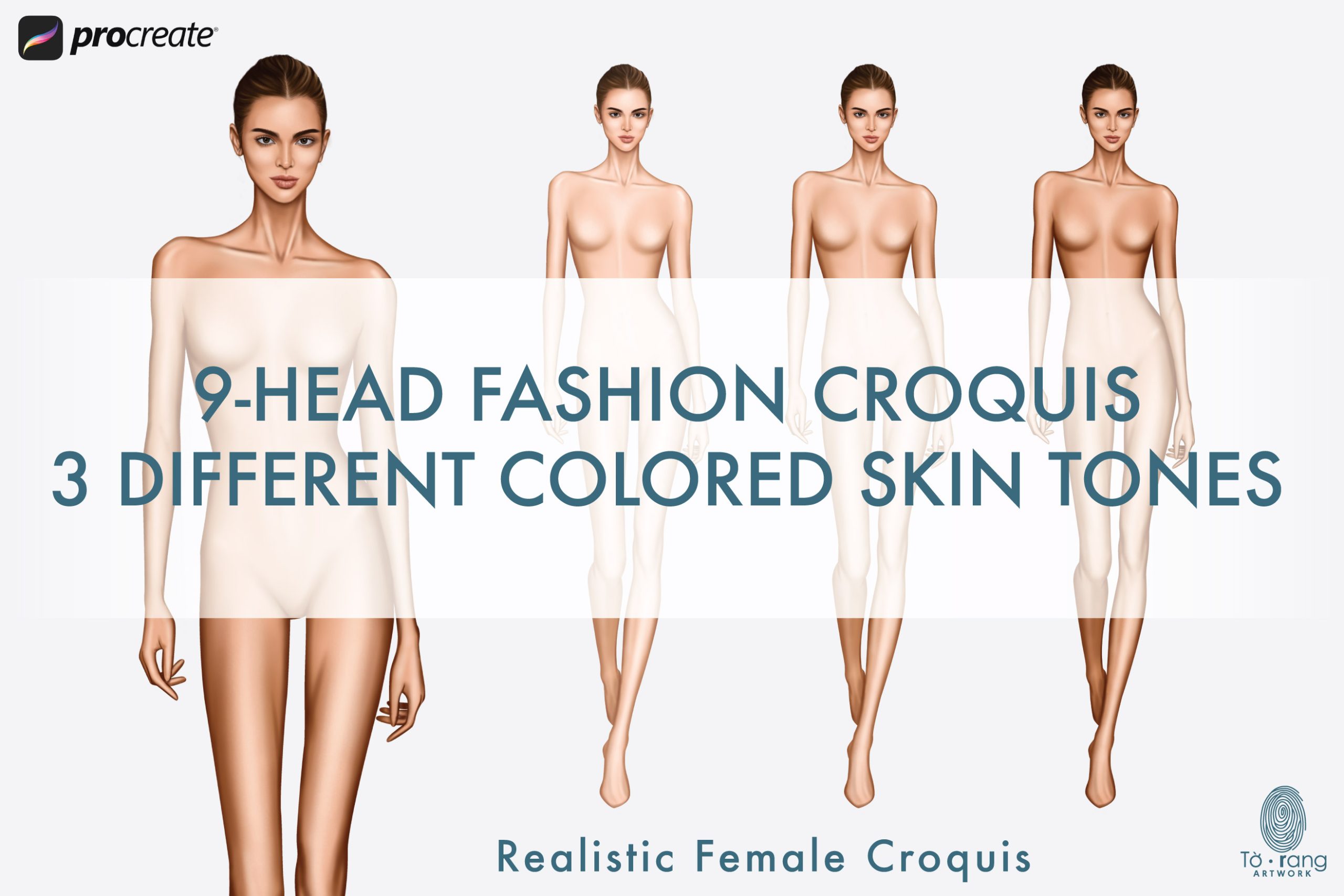 Female Fashion Croquis Templates, Runway Pose, 9 Head Fashion Figure, 3 Different Colored Skin Tones - Image 3
