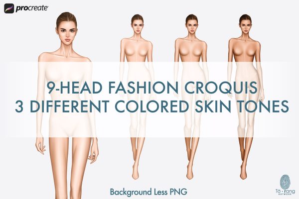 Female Fashion Croquis Templates, Runway Pose, 9 Head Fashion Figure, 3 Different Colored Skin Tones