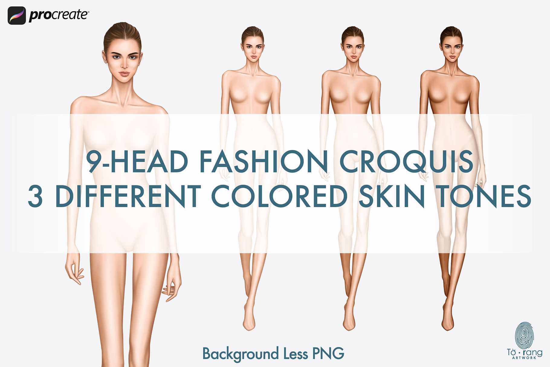 Female Fashion Croquis Templates, Runway Pose, 9 Head Fashion Figure, 3 Different Colored Skin Tones