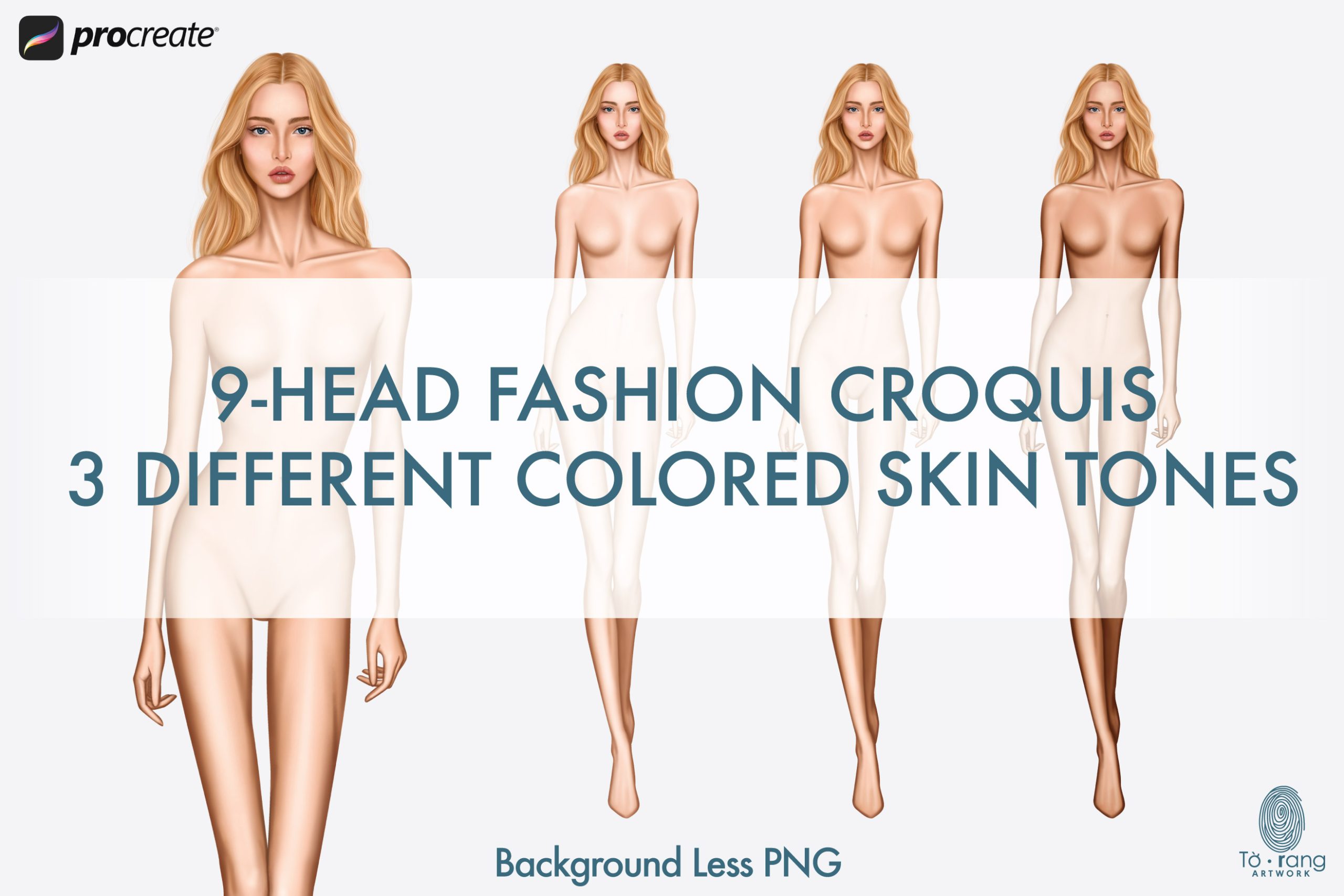 Female Fashion Figure Templates, Catwalk Pose, 9 Head Fashion Figure, 3 Different Colored Skin Tones - Image 2