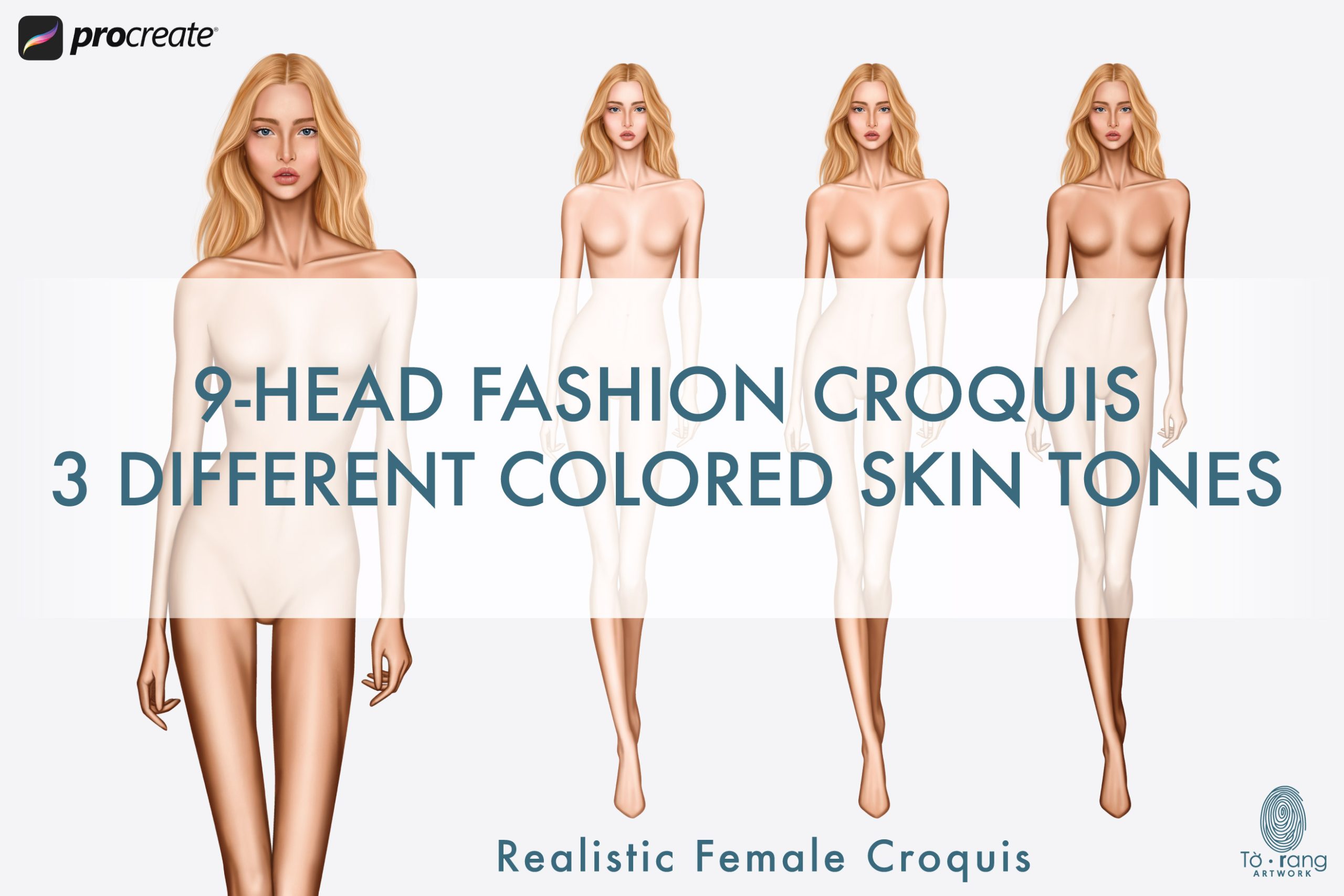Female Fashion Figure Templates, Catwalk Pose, 9 Head Fashion Figure, 3 Different Colored Skin Tones - Image 3