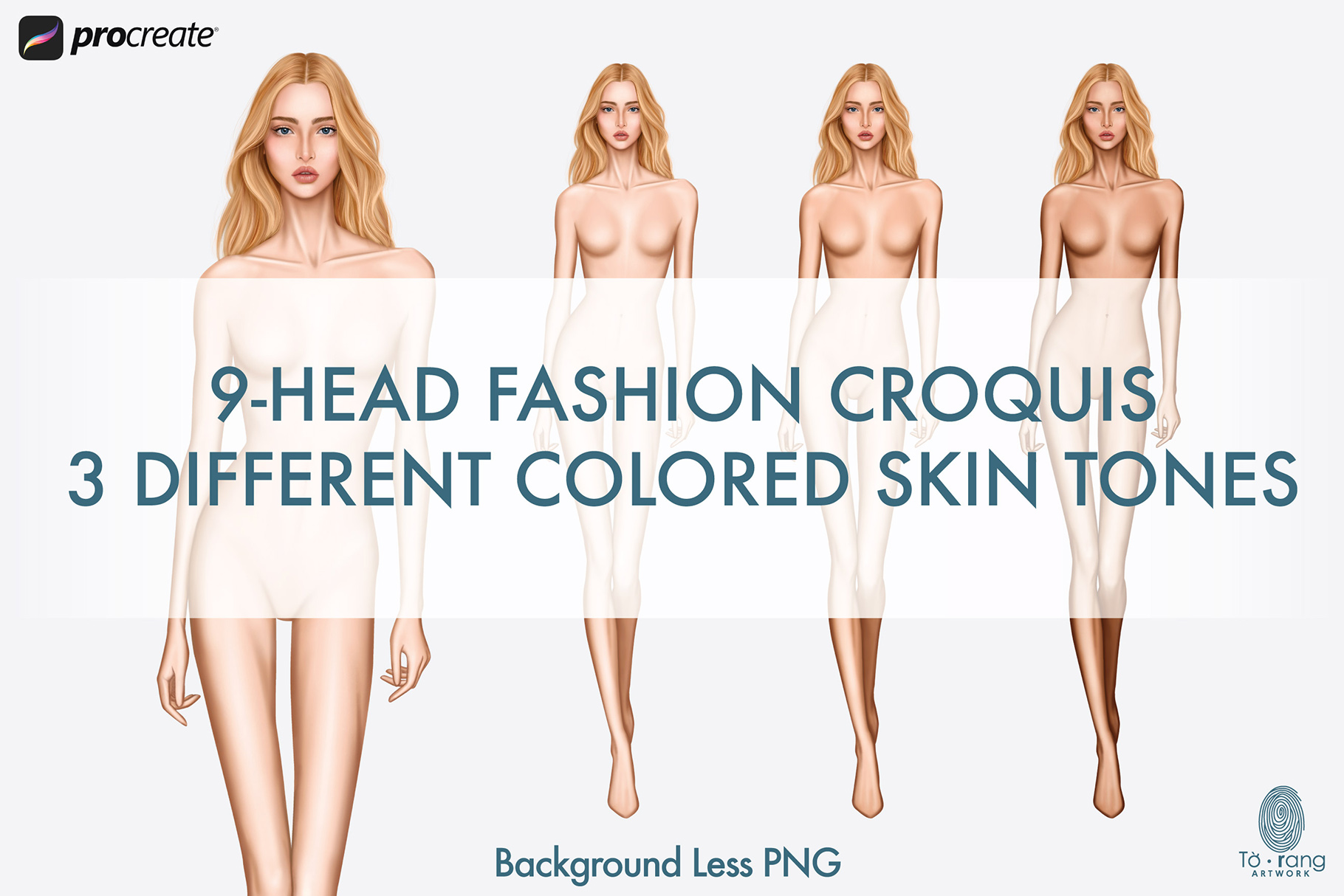 Female Fashion Figure Templates, Catwalk Pose, 9 Head Fashion Figure, 3 Different Colored Skin Tones