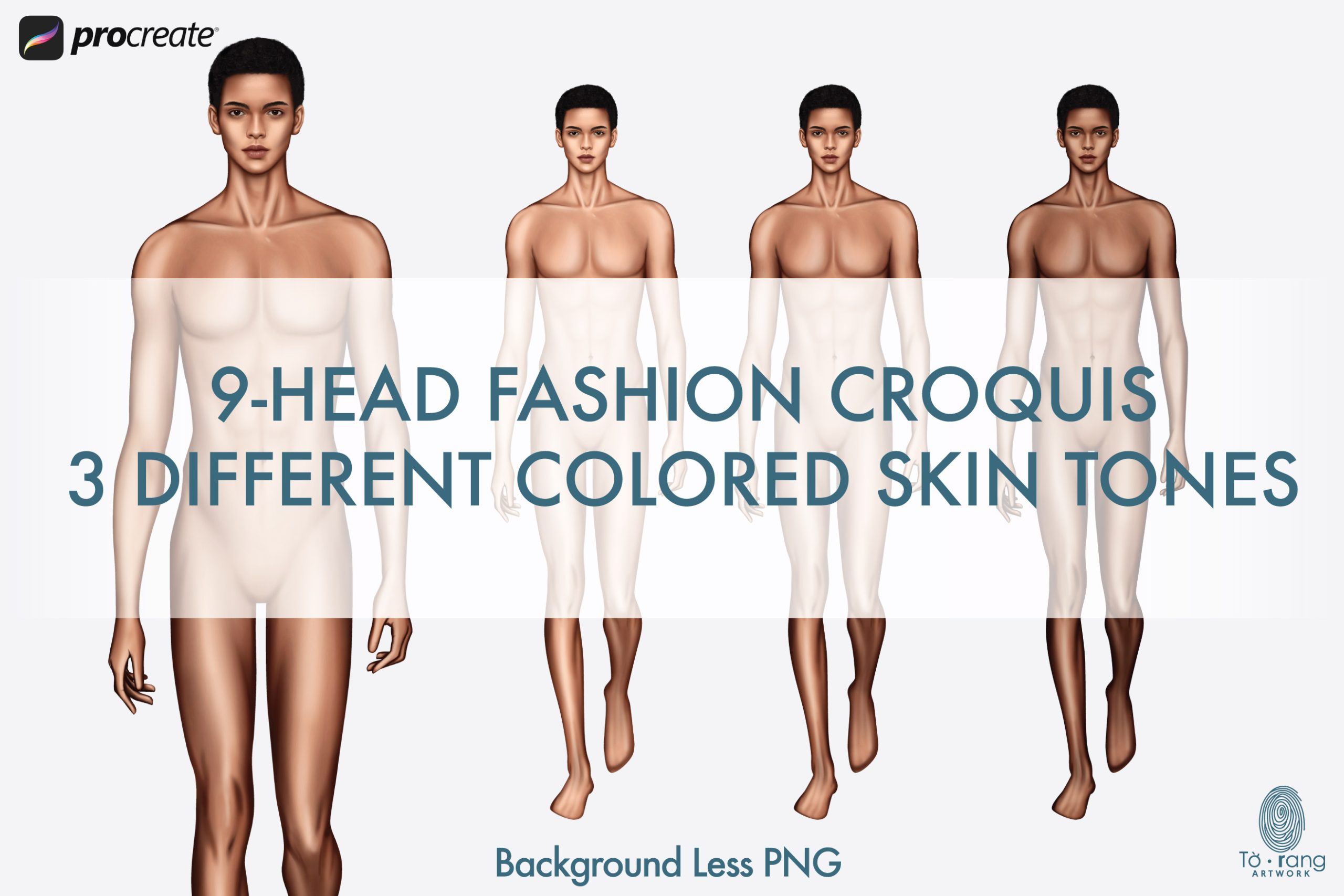 Male Fashion Croquis Templates, Catwalk Pose, 3 Different Colored Skin Tones, 9-Head Fashion Figure - Image 2