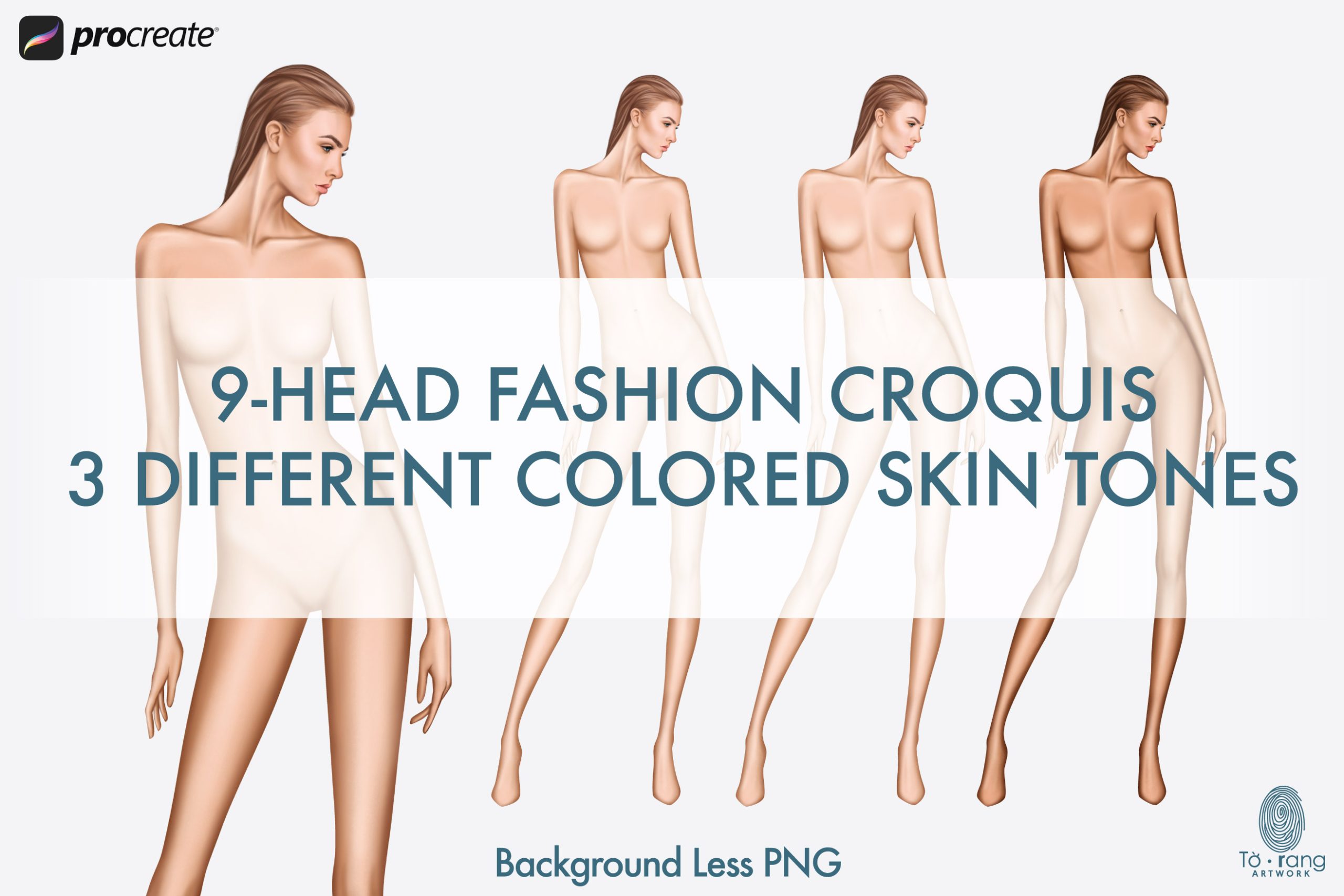 5 Female Fashion Croquis Templates - 9 Head Fashion Figure - Light, Medium, Tan Skin Tones Color - Image 9