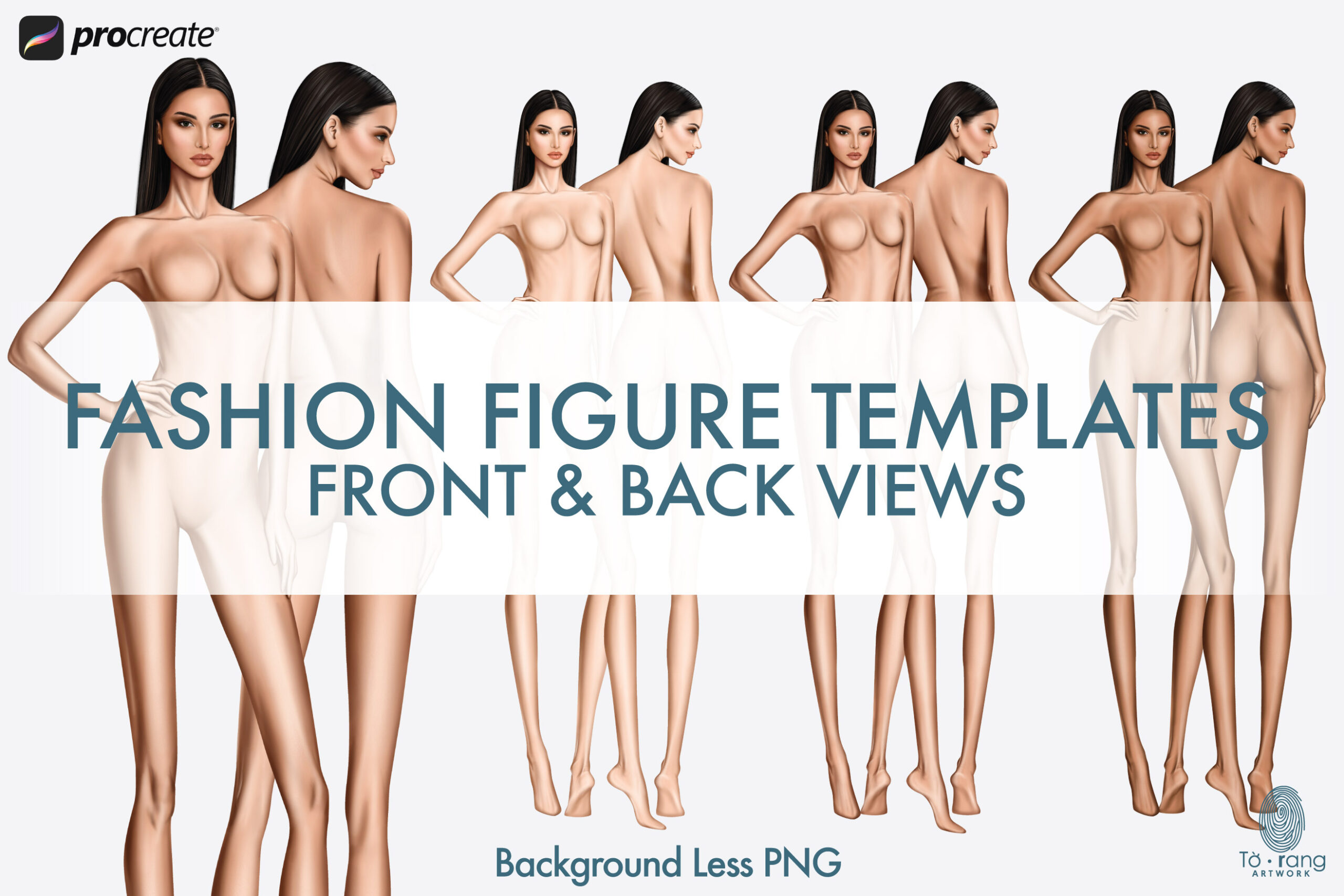 Female Fashion Croquis Templates, 10-Head, Front and Back, 3 Different Colored Skin Tones