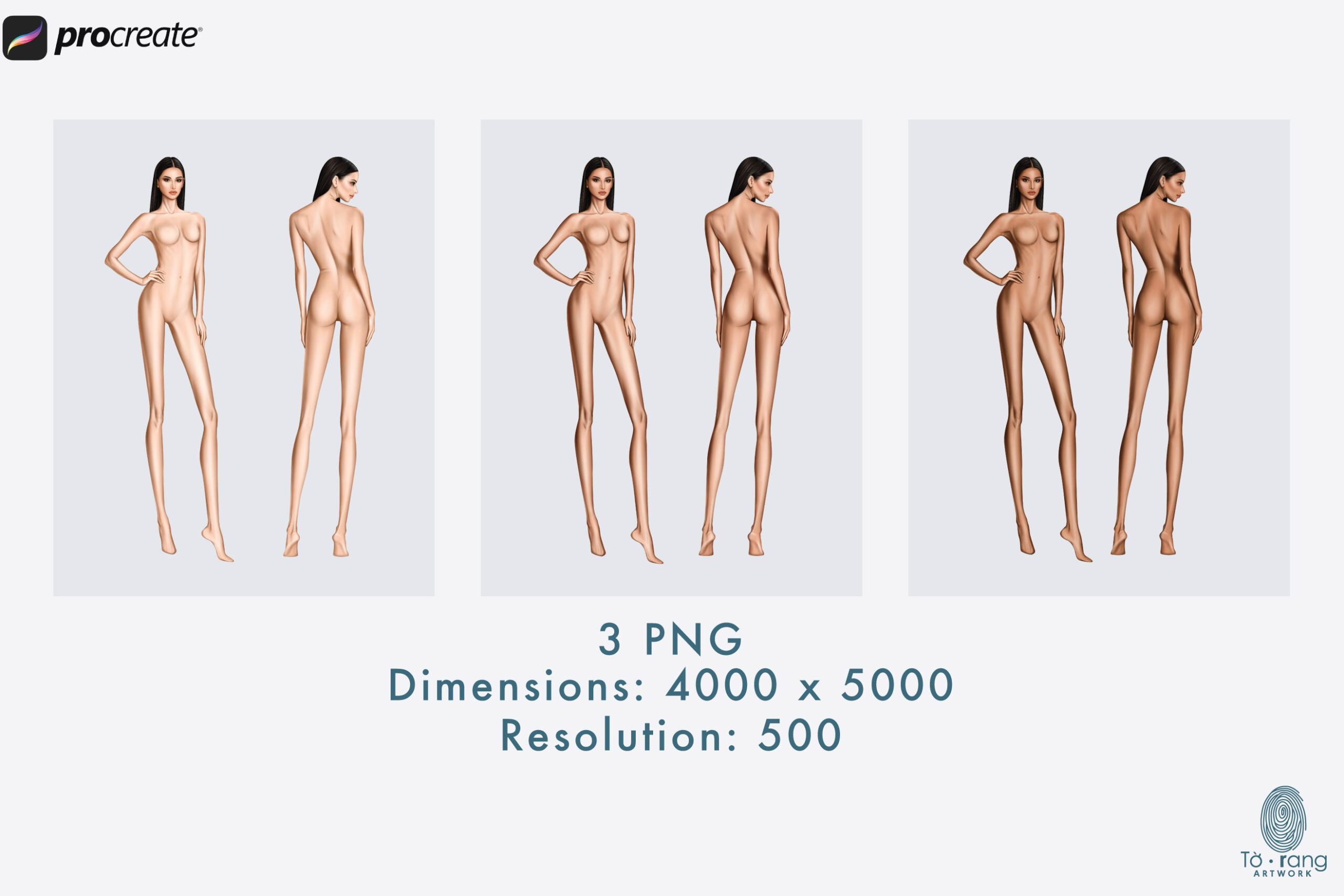 Female Fashion Croquis Templates, 10-Head, Front and Back, 3 Different Colored Skin Tones - Image 3