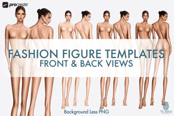 Female Fashion Figure Templates, 10-Head, Front and Back Views, 3 Different Colored Skin Tones