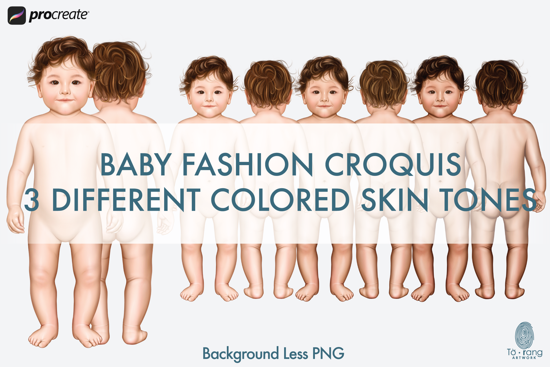 Baby Fashion Croquis Templates, Front and Back Views, 3 Different Colored Skin Tones