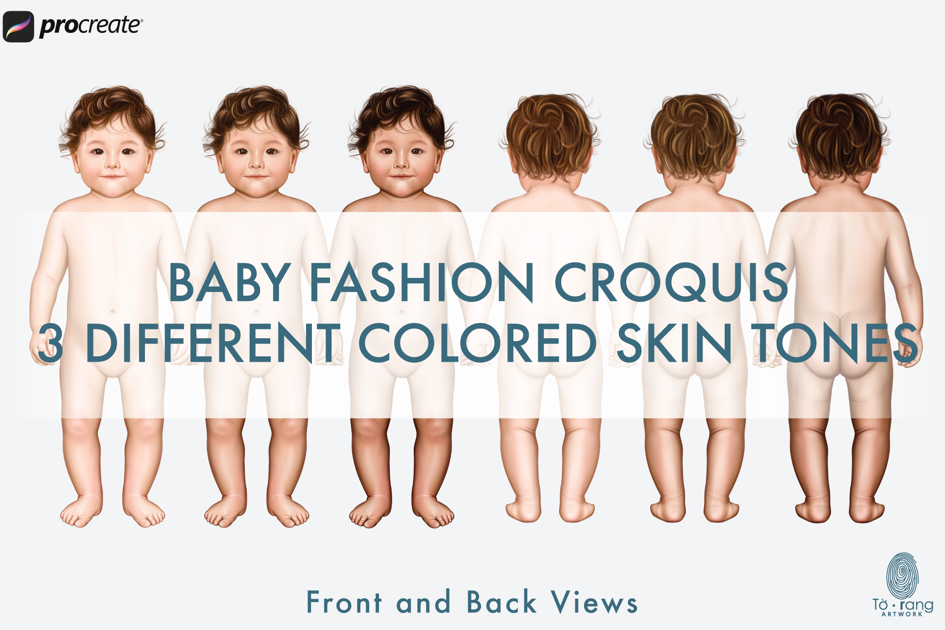 Baby Fashion Croquis Templates, Front and Back Views, 3 Different Colored Skin Tones - Image 4