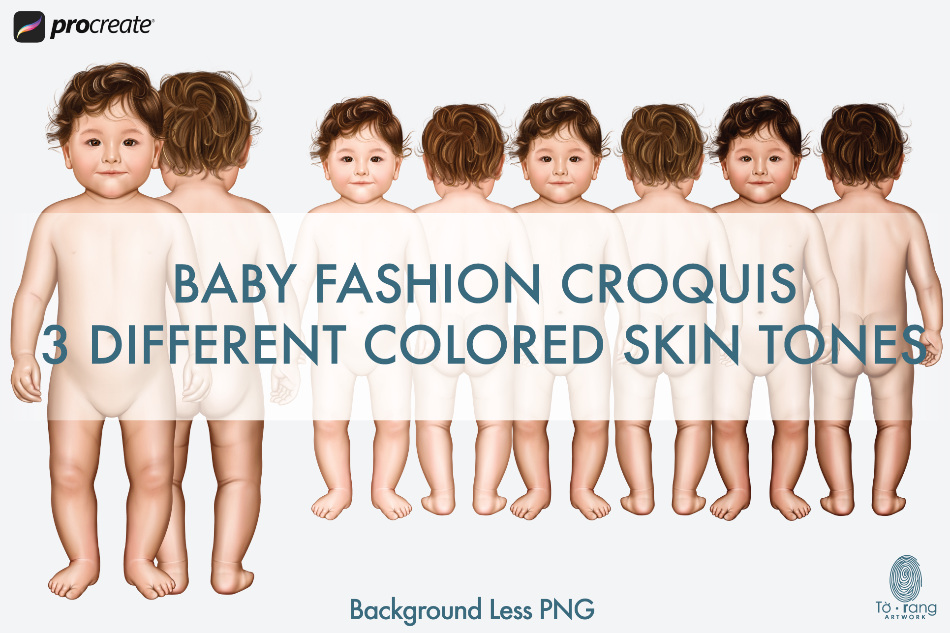 Baby Fashion Croquis Templates, Front and Back Views, 3 Different Colored Skin Tones - Image 2