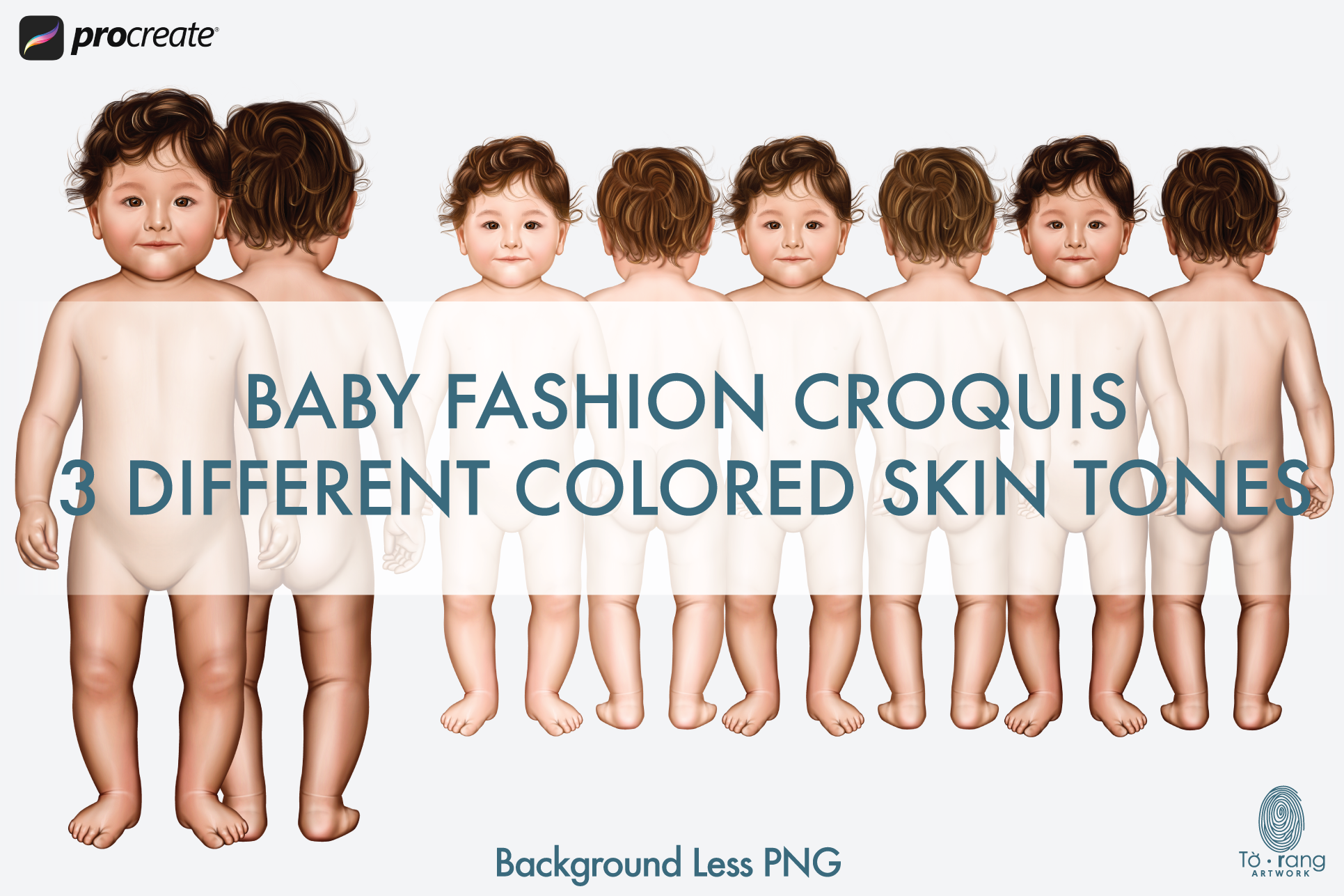 Baby Fashion Croquis Templates, Front and Back Views, 3 Different Colored Skin Tones - Image 3