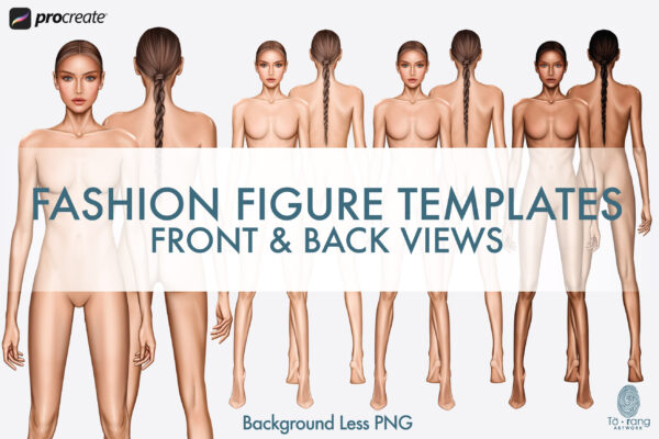 Female Fashion Figure Templates, 8-Head, Front and Back, 3 Different Colored Skin Tones