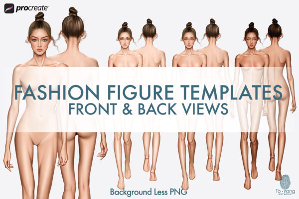Female Fashion Figure Templates, 8-Head, Runway Pose, Front and Back, 3 Different Colored Skin Tones
