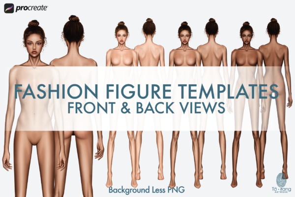 Female Fashion Croquis Templates, 9-Head, Front and Back, 3 Different Dark Skin Tones Color