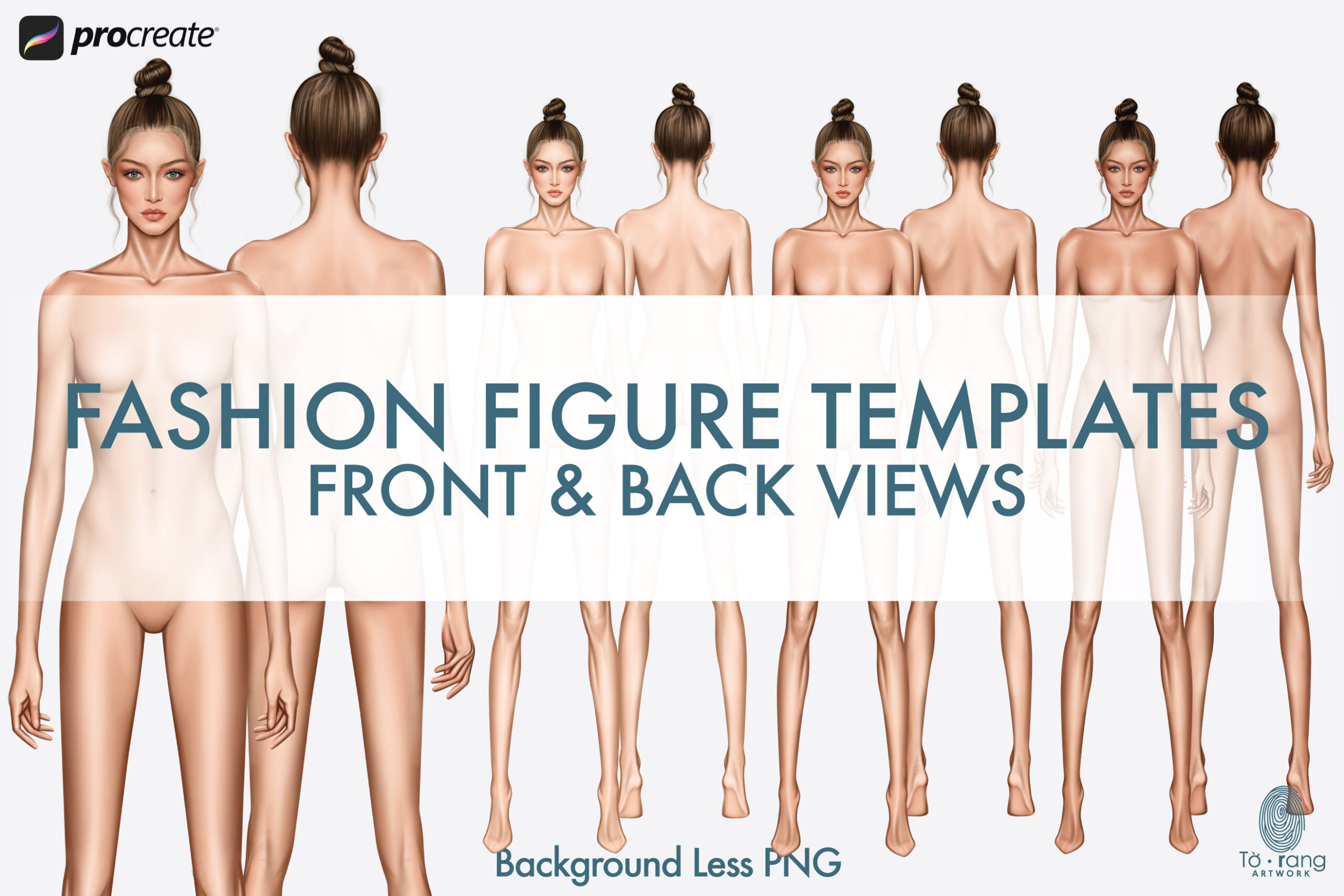 Female Fashion Croquis Templates, 9-Head Proportions, Front & Back Views, 3 Skin Tones, Bun Hairstyle - Image 2