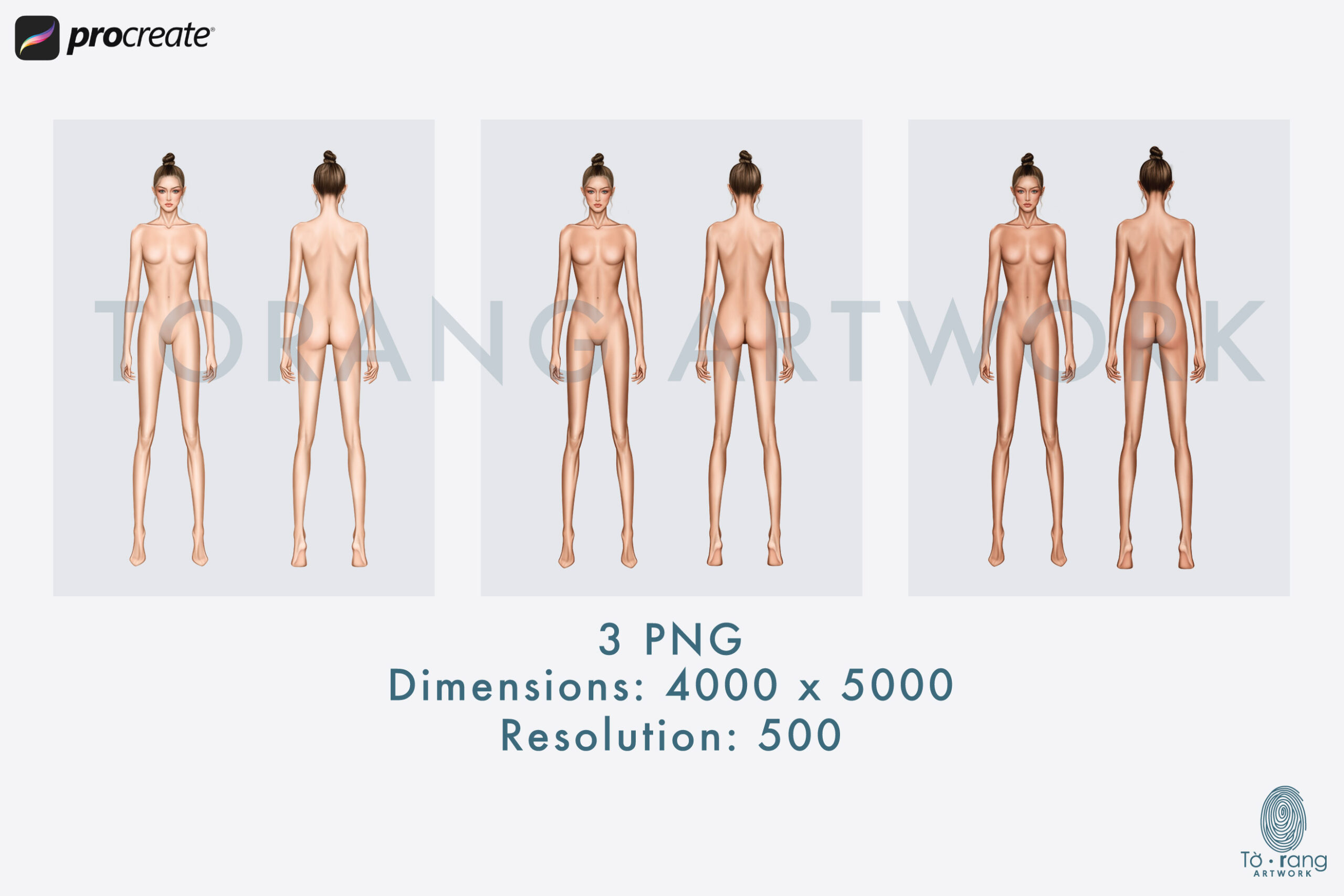 Female Fashion Croquis Templates, 9-Head Proportions, Front & Back Views, 3 Skin Tones, Bun Hairstyle - Image 5