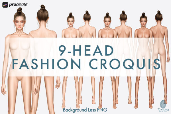 Female Fashion Croquis Templates, 9-Head Proportions, Front & Back Views, 3 Skin Tones, Bun Hairstyle